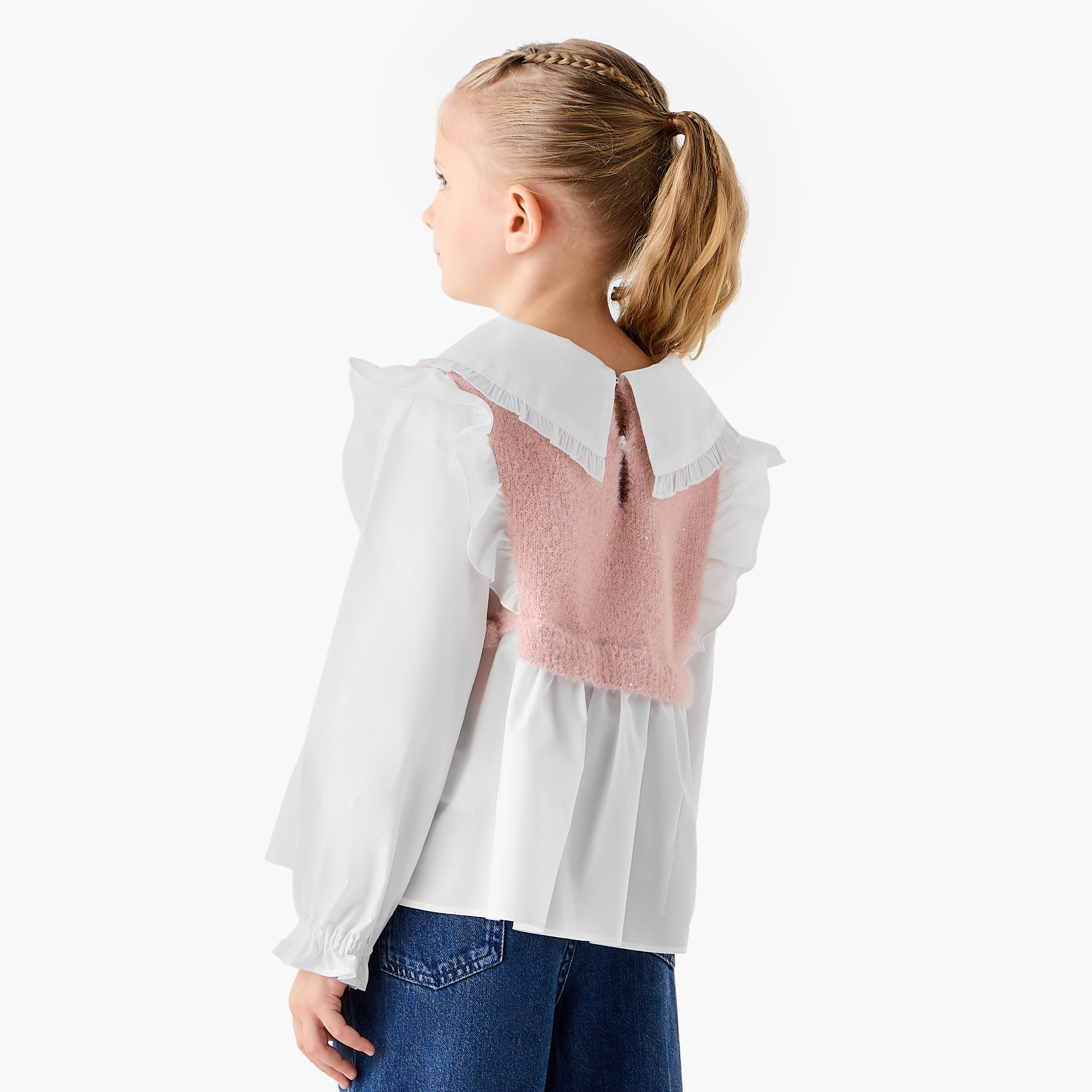 بلوزة بتفاصيل كشكش - قطن - بأكمام طويلة - بياقة بيتر بان للبنات من جونيورز-baby-girls-clothing-blousesandshirts-image-3