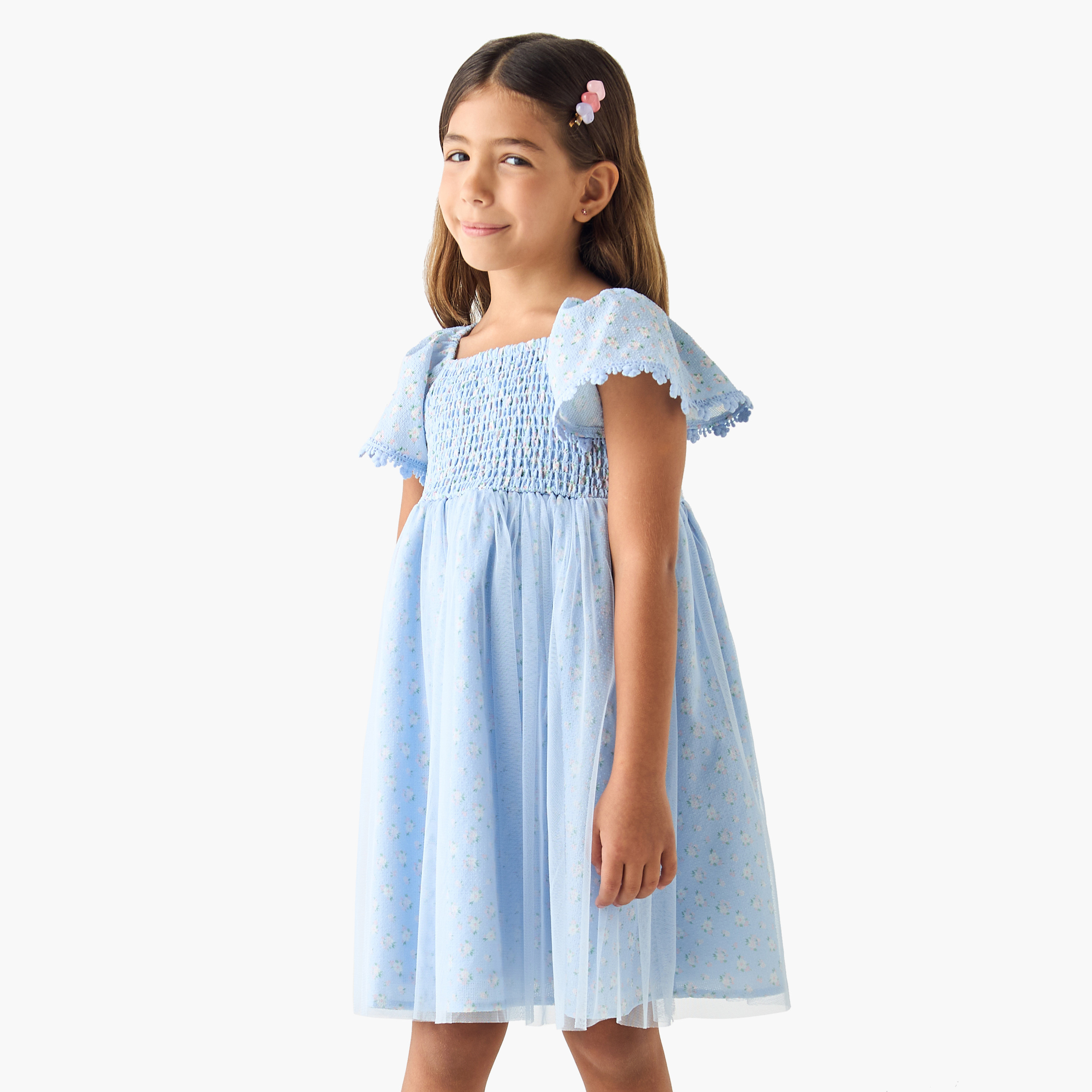 Juniors Floral Print A-line Dress with Square Neck and Smocked Detail-girls-clothing-dressesandjumpsuits-image-1