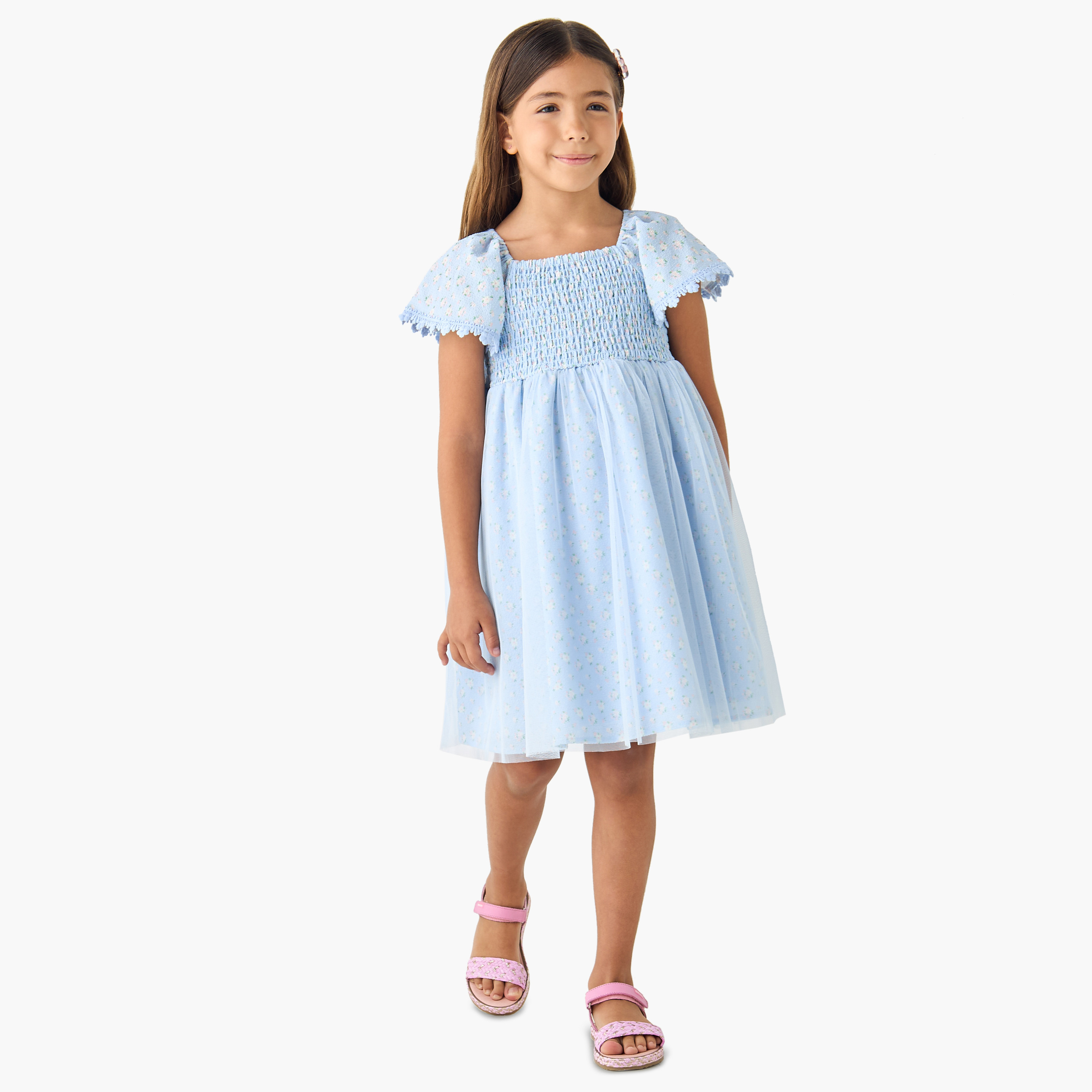 Juniors Floral Print A-line Dress with Square Neck and Smocked Detail-girls-clothing-dressesandjumpsuits-image-2