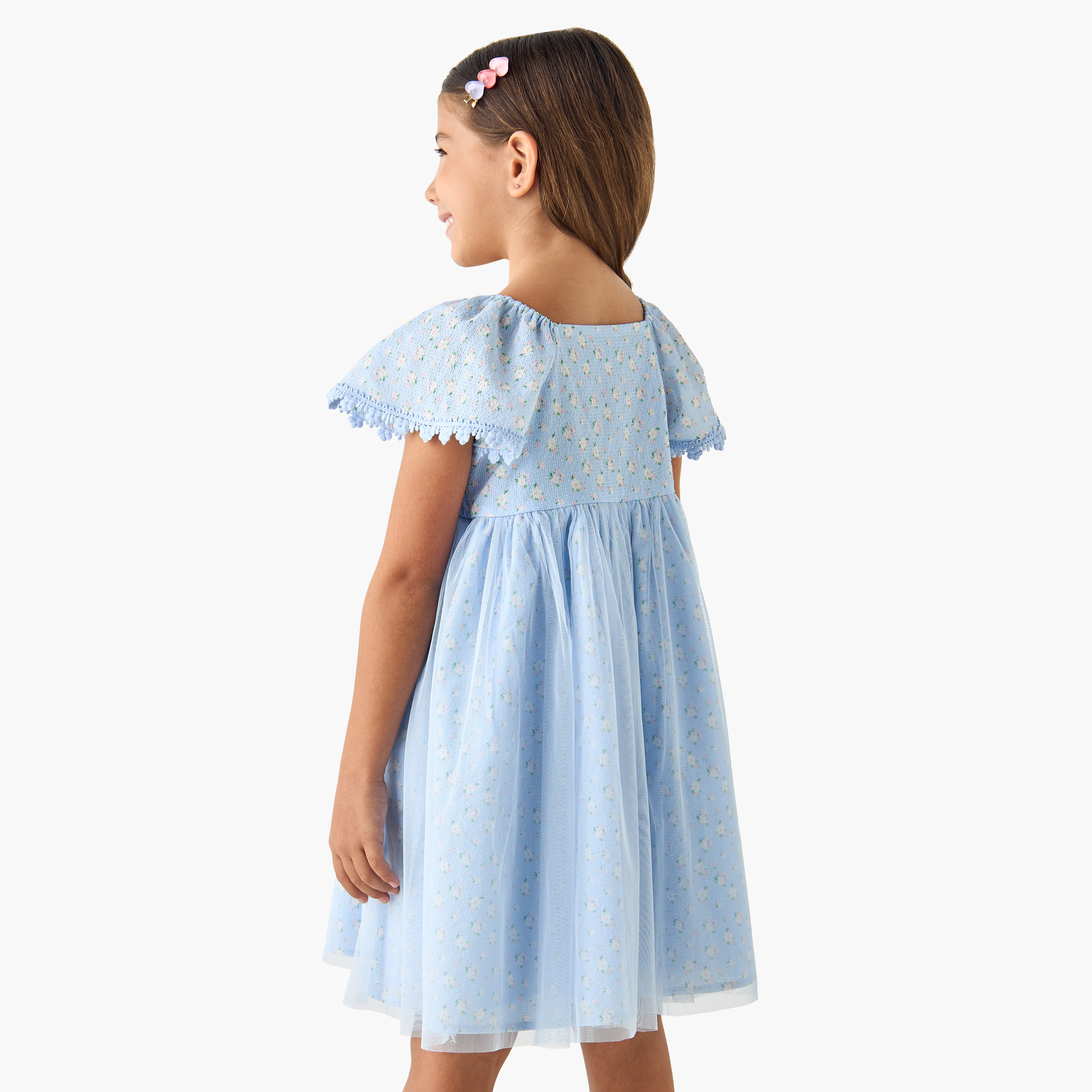 Juniors Floral Print A-line Dress with Square Neck and Smocked Detail-girls-clothing-dressesandjumpsuits-image-3