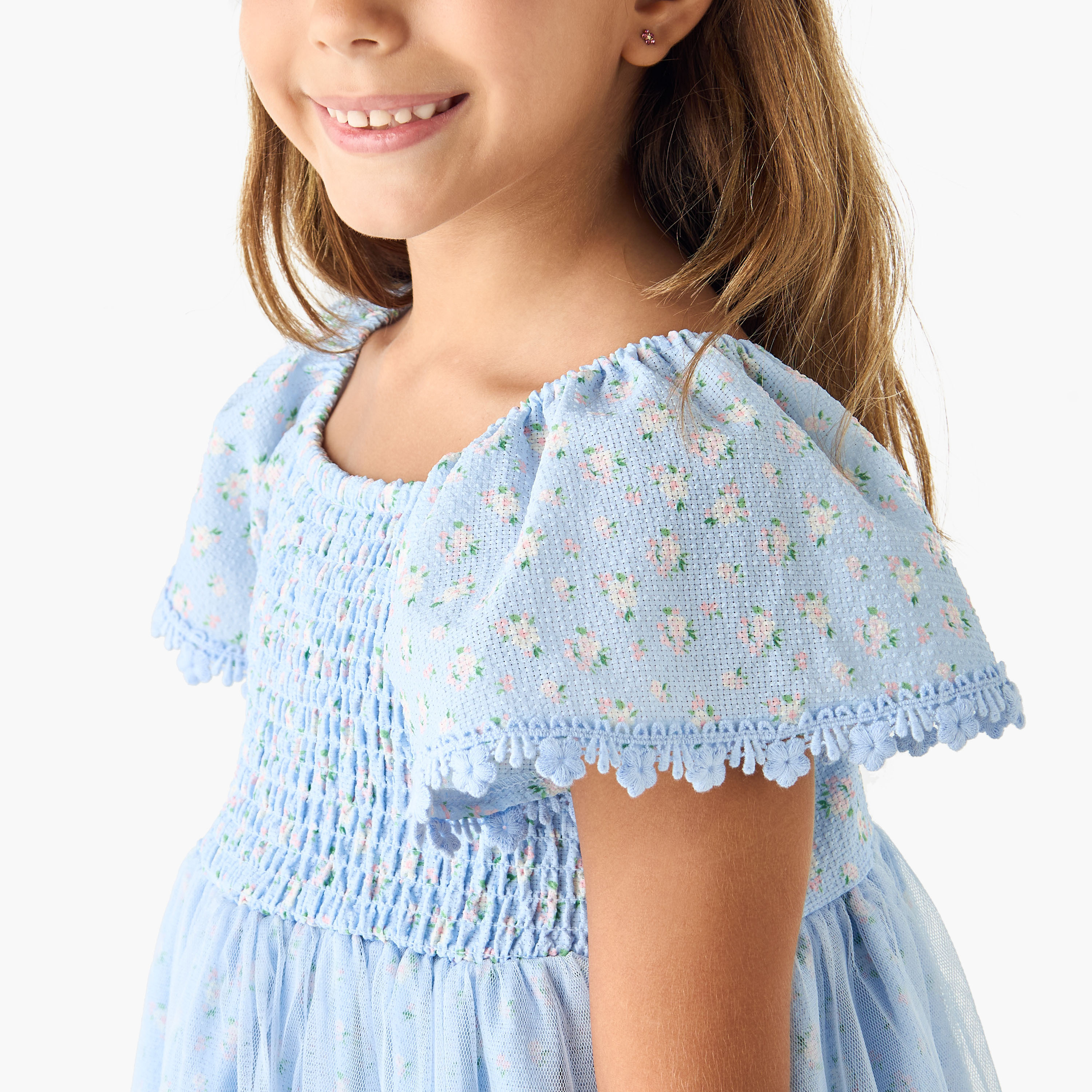 Juniors Floral Print A-line Dress with Square Neck and Smocked Detail-girls-clothing-dressesandjumpsuits-image-5