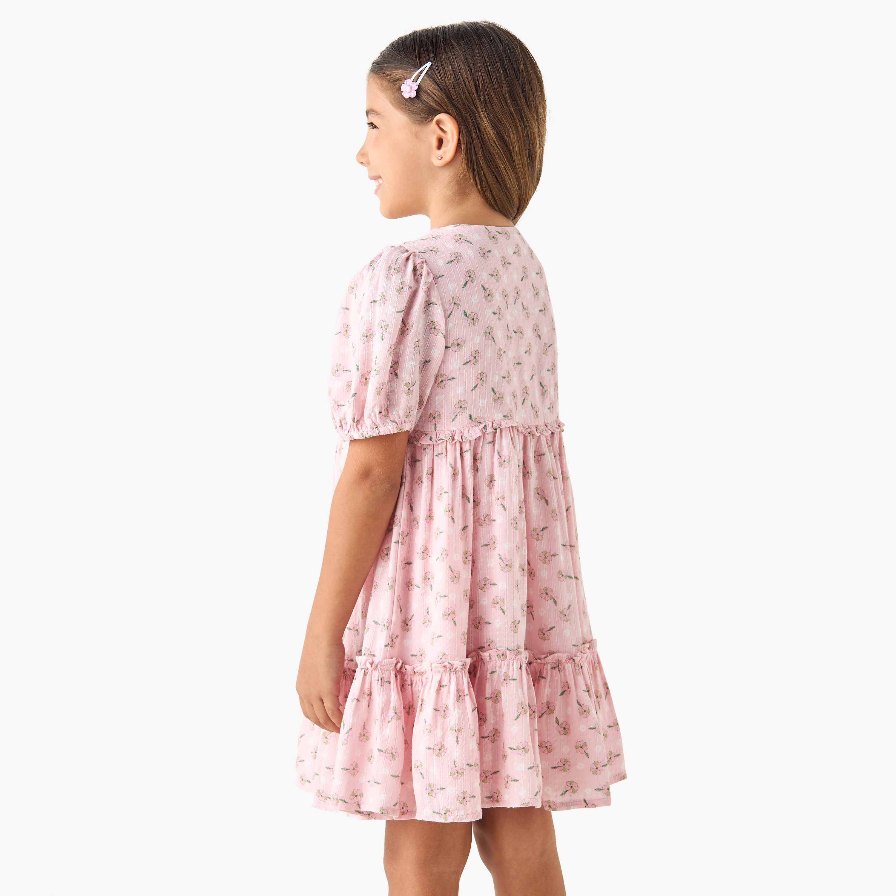 فستان إيه لاين بياقة مستديرة وتفاصيل مدرزة وطبعات زهرية من جونيورز-girls-clothing-dressesandjumpsuits-image-3