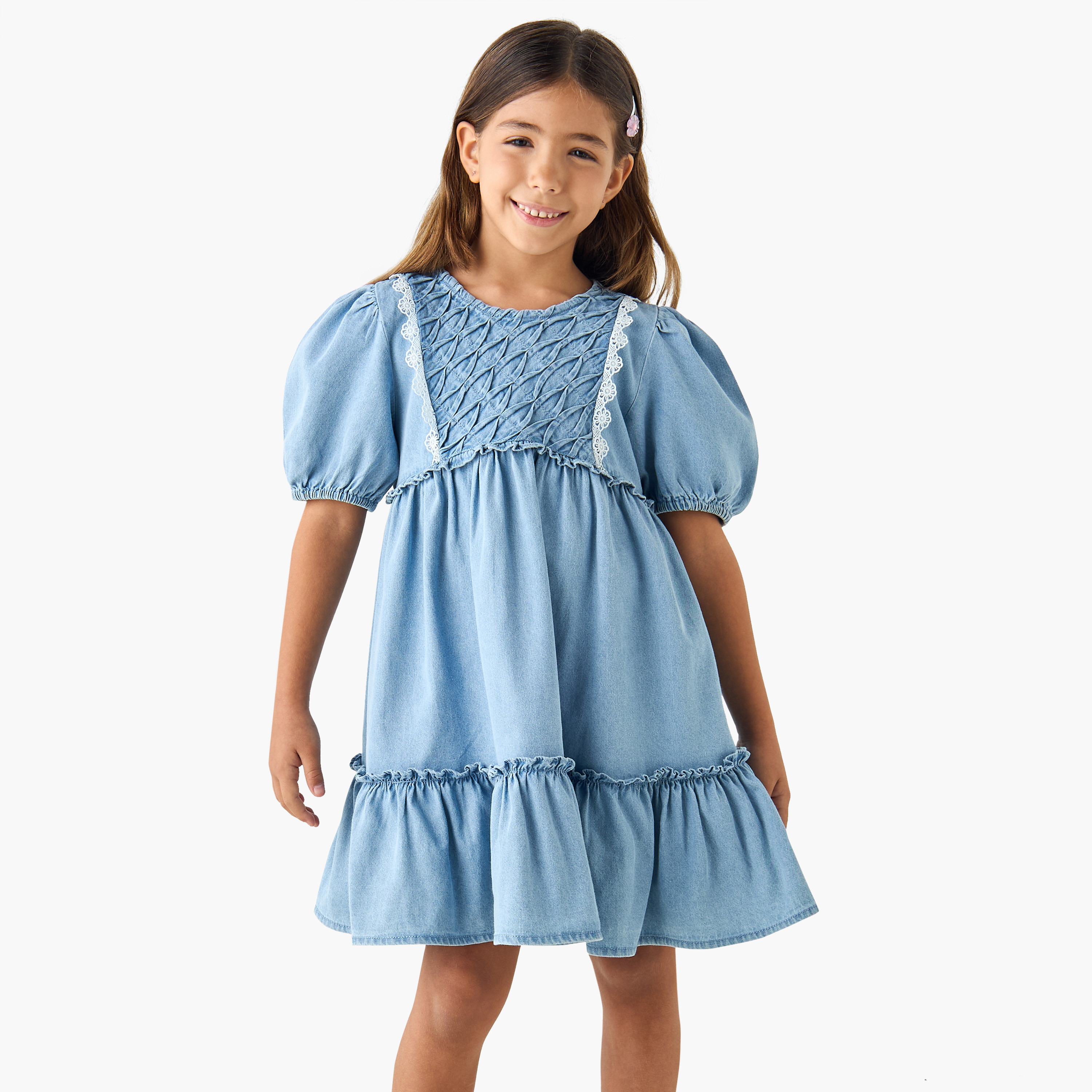 Juniors Textured Round Neck A-line Dress with Puff Sleeves-girls-clothing-dressesandjumpsuits-image-1