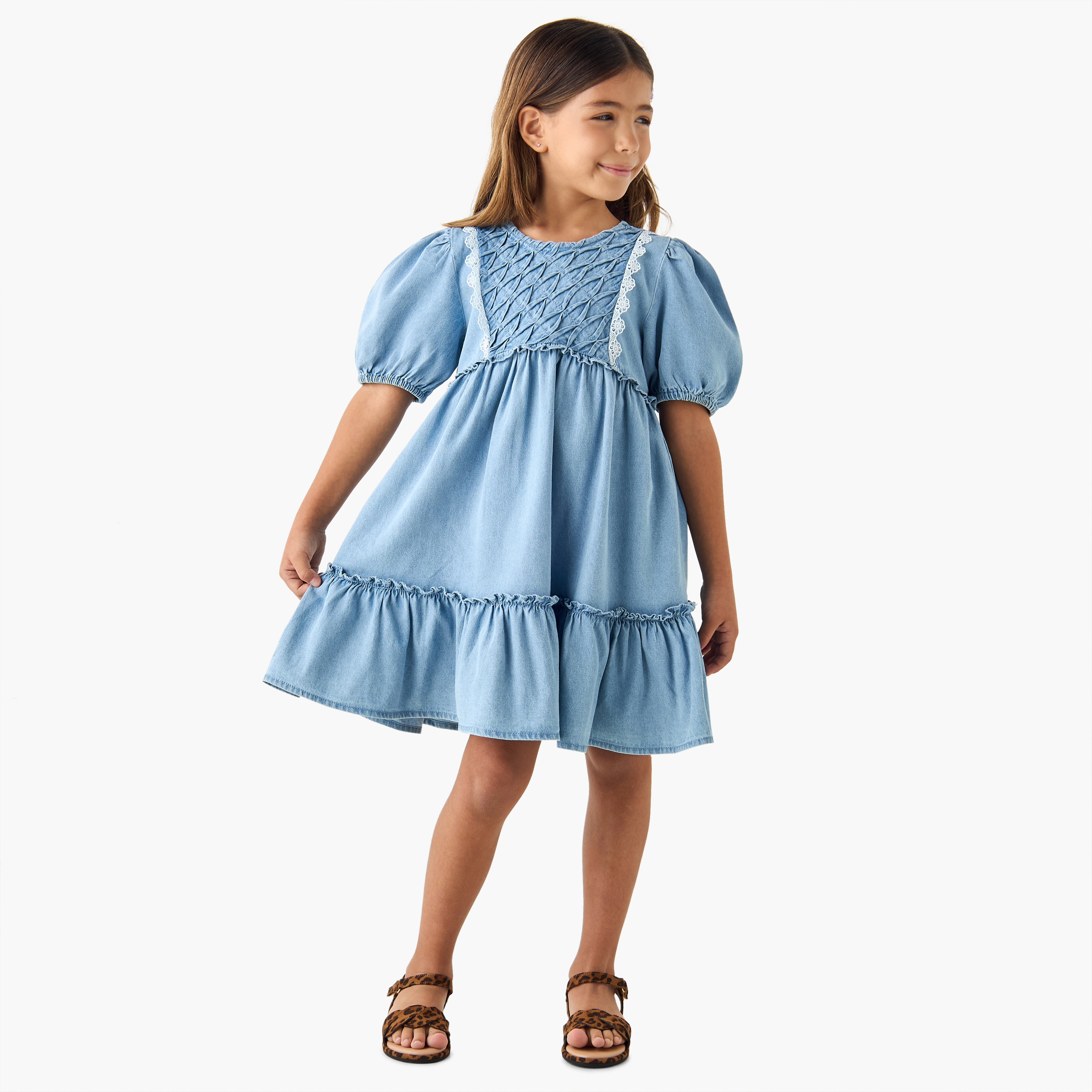 Juniors Textured Round Neck A-line Dress with Puff Sleeves-girls-clothing-dressesandjumpsuits-image-2