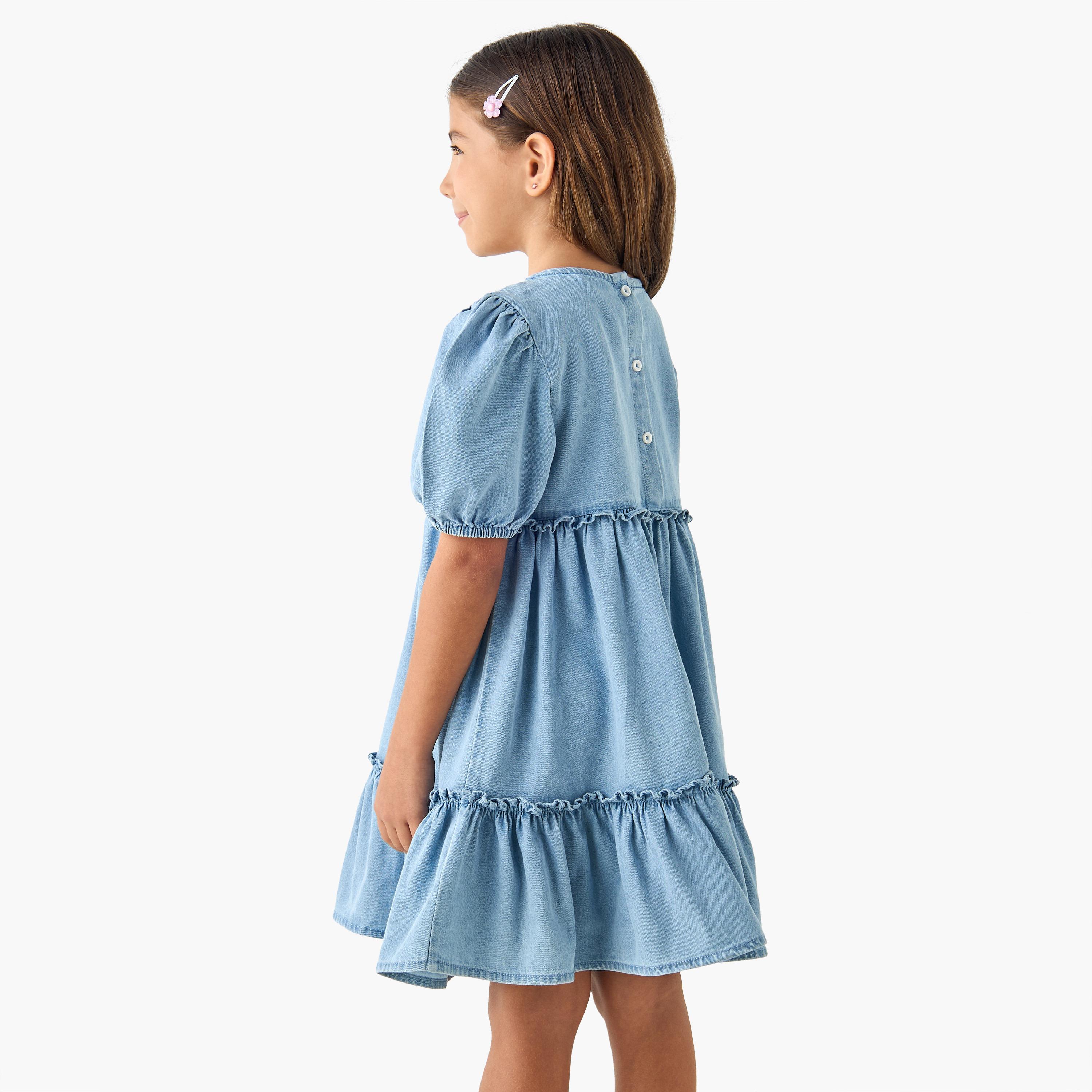 Juniors Textured Round Neck A-line Dress with Puff Sleeves-girls-clothing-dressesandjumpsuits-image-3