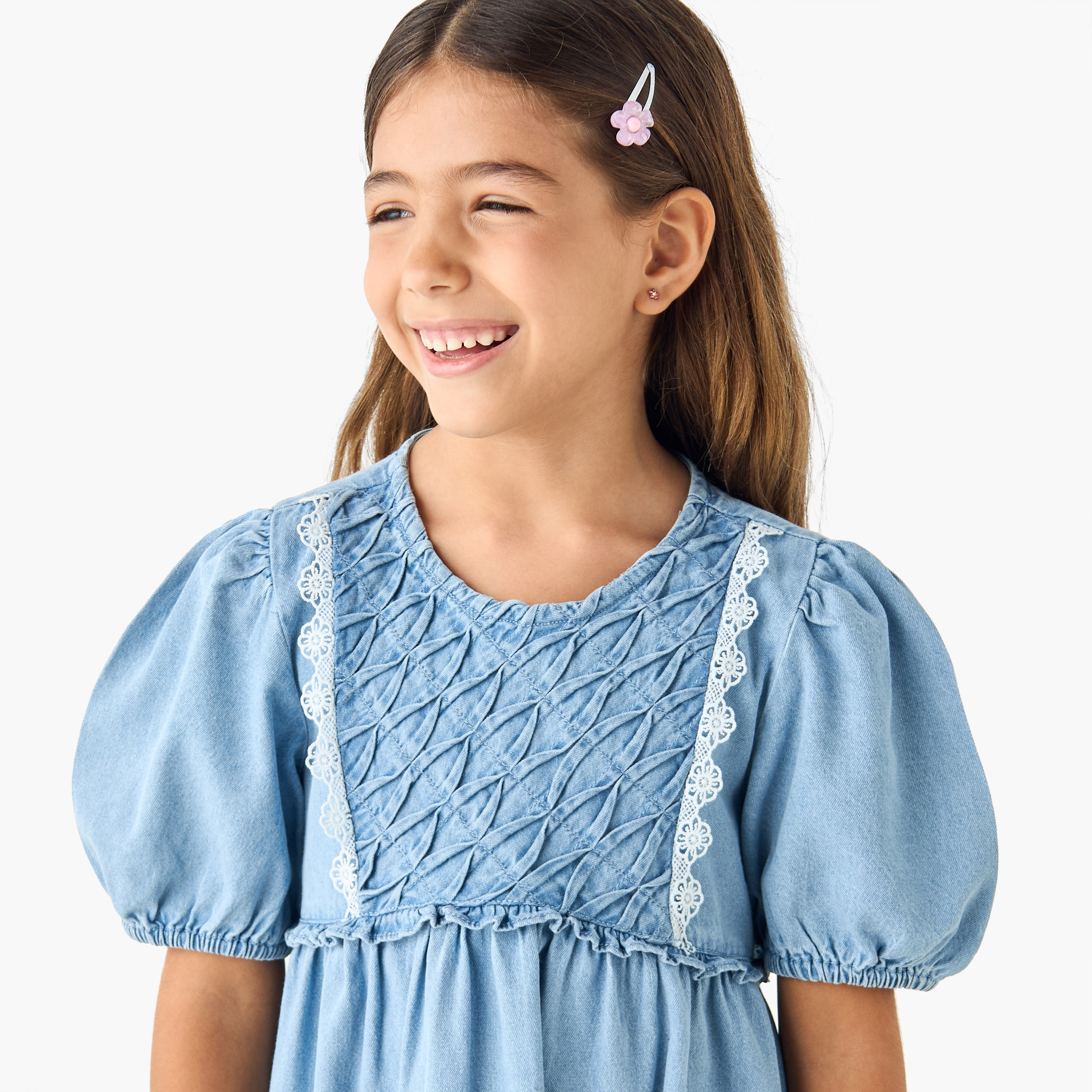 Juniors Textured Round Neck A-line Dress with Puff Sleeves-girls-clothing-dressesandjumpsuits-image-4