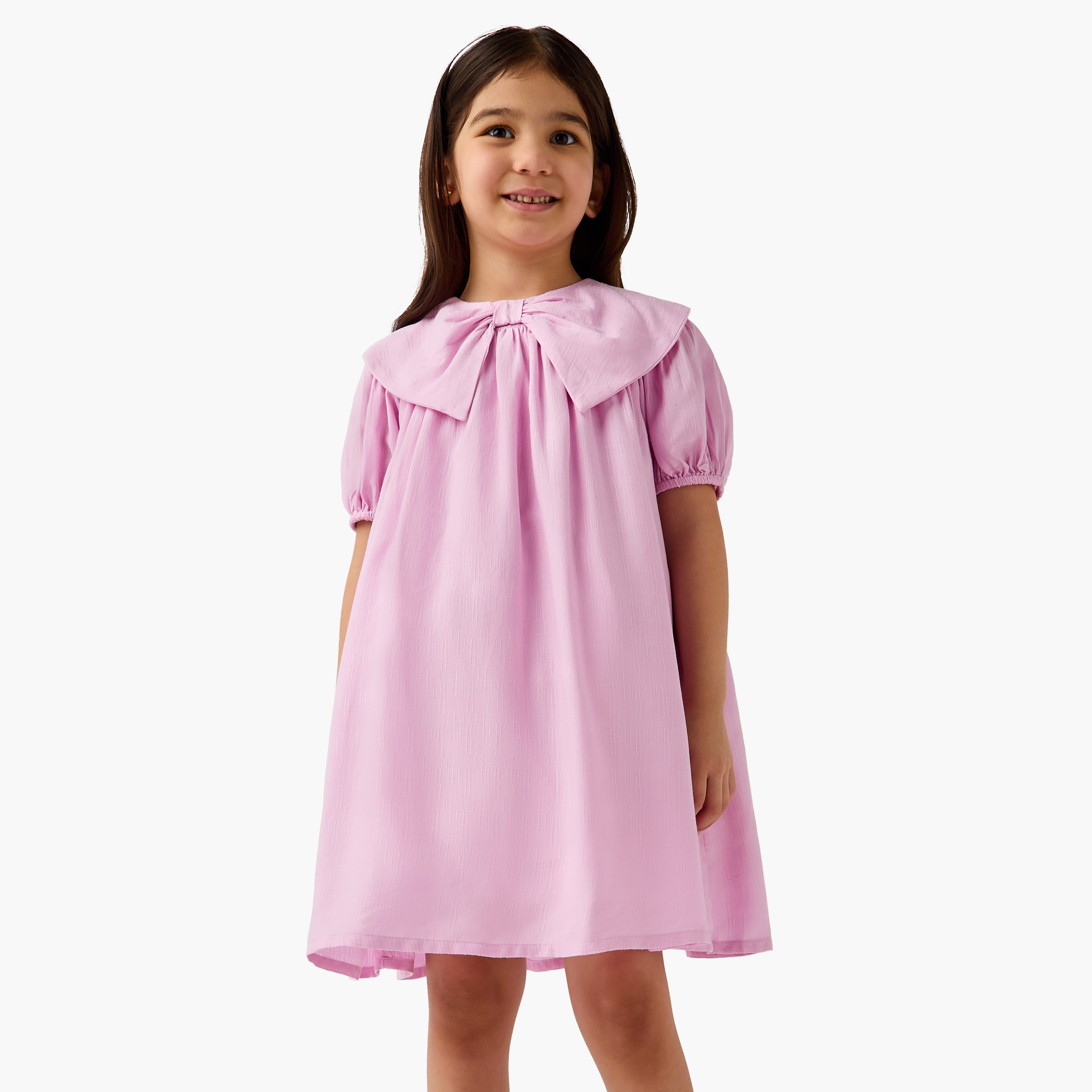 Juniors Solid Dress with Bow Collar and Puff Sleeves-girls-clothing-dressesandjumpsuits-image-1