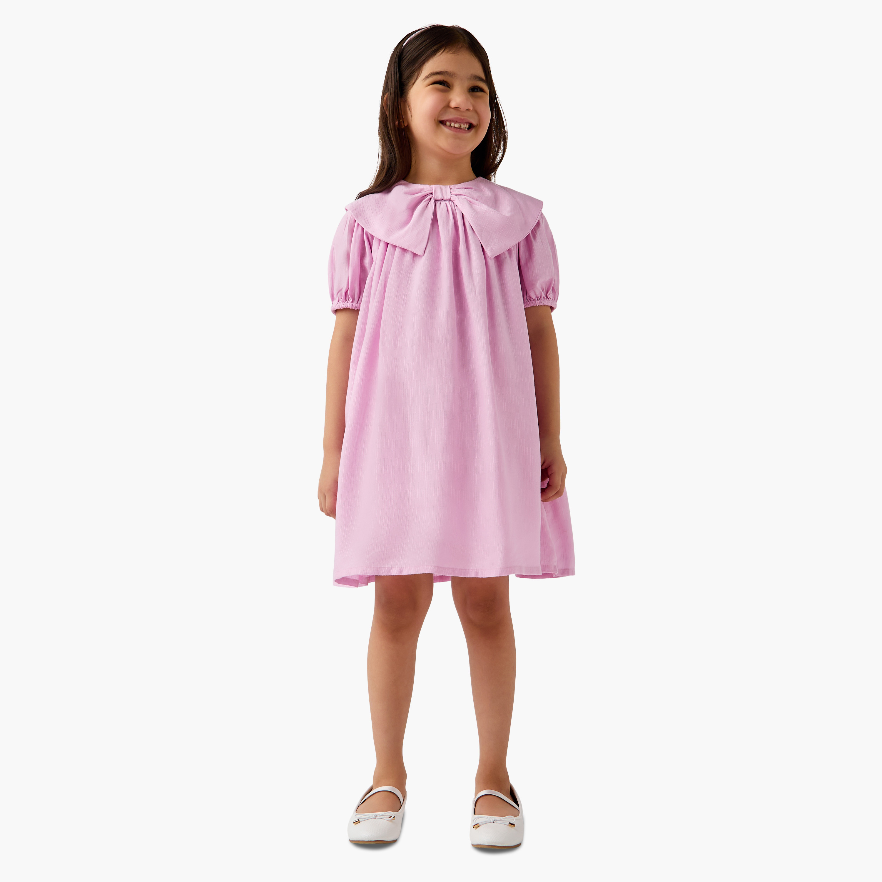 Juniors Solid Dress with Bow Collar and Puff Sleeves-girls-clothing-dressesandjumpsuits-image-2