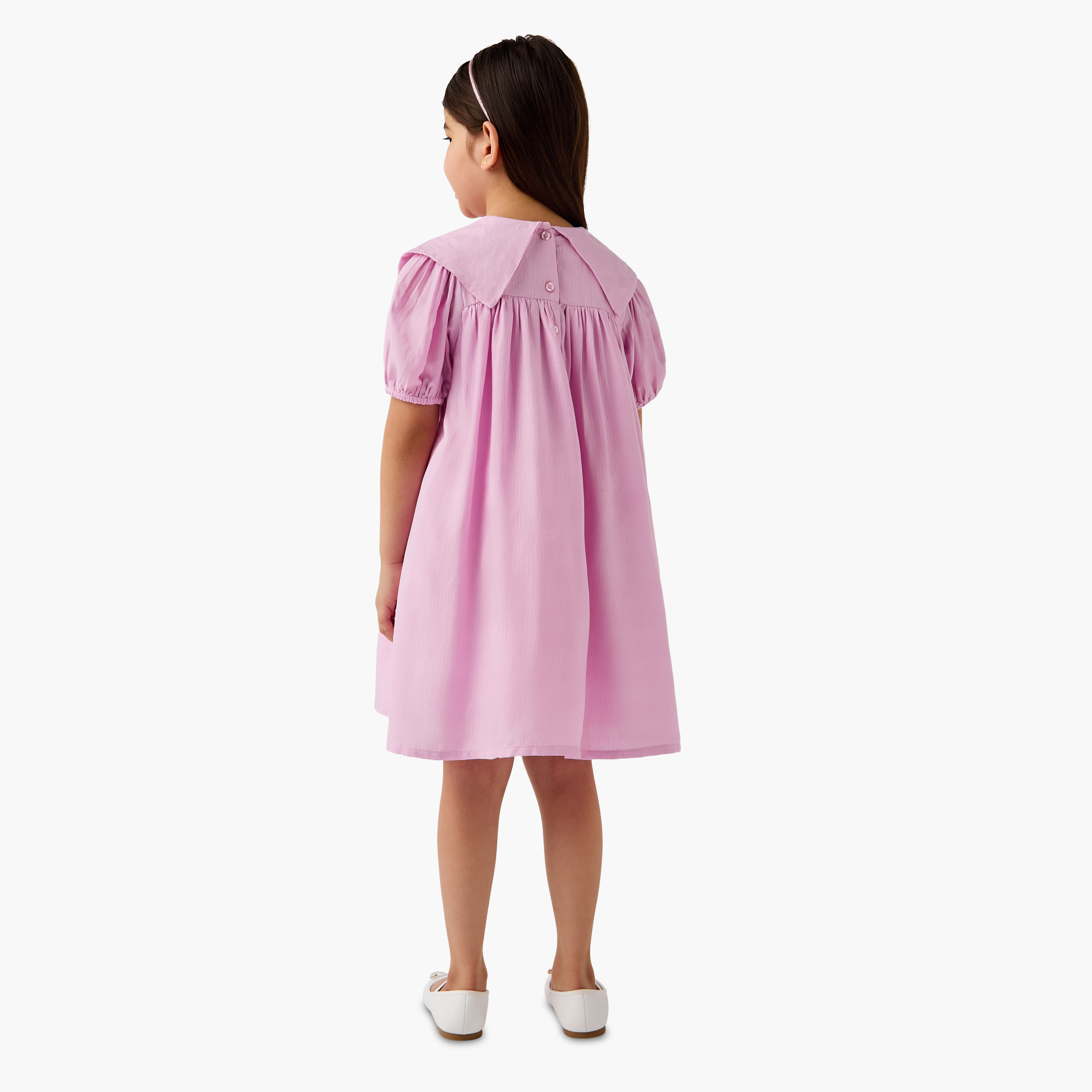 Juniors Solid Dress with Bow Collar and Puff Sleeves-girls-clothing-dressesandjumpsuits-image-3