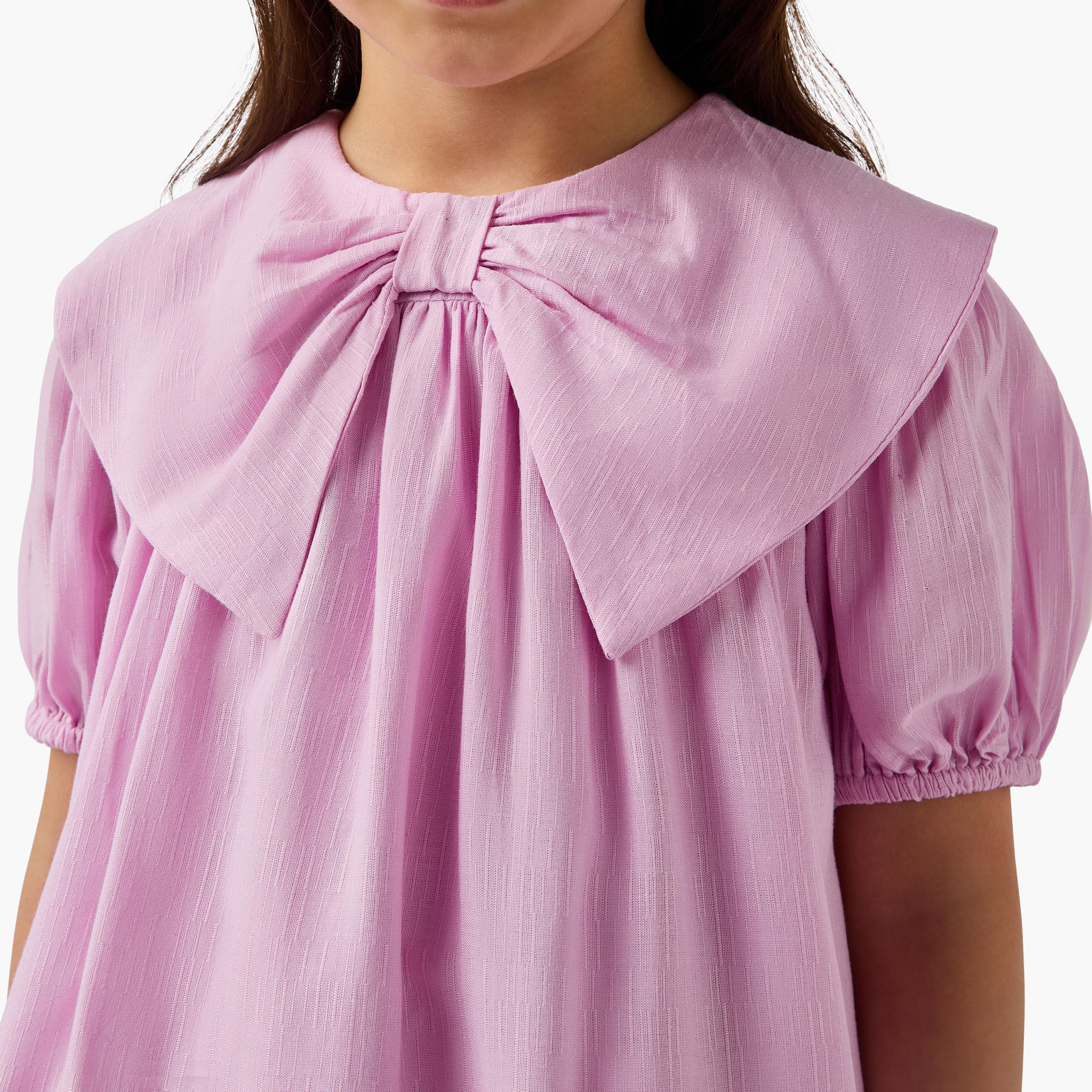 Juniors Solid Dress with Bow Collar and Puff Sleeves-girls-clothing-dressesandjumpsuits-image-4