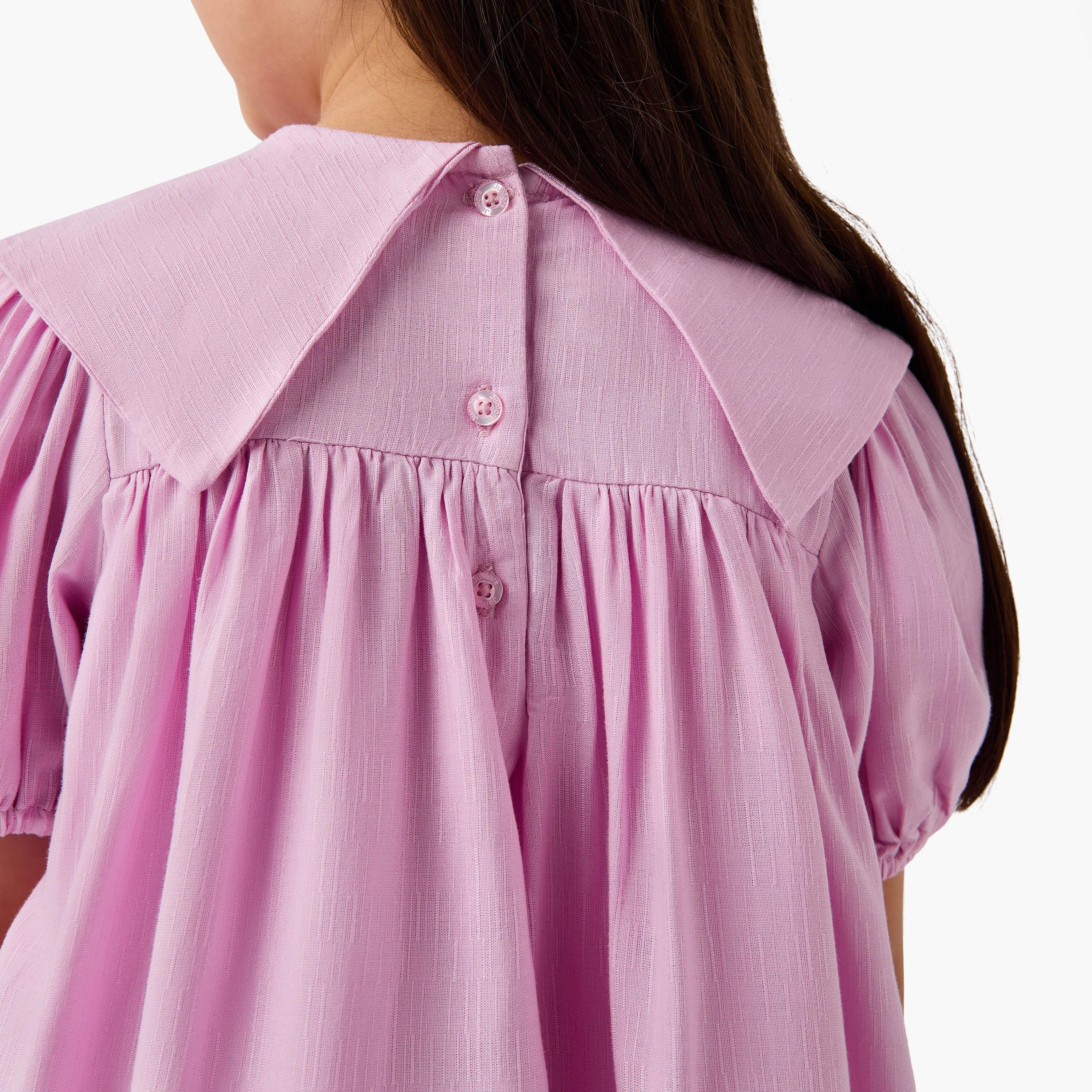 Juniors Solid Dress with Bow Collar and Puff Sleeves-girls-clothing-dressesandjumpsuits-image-6