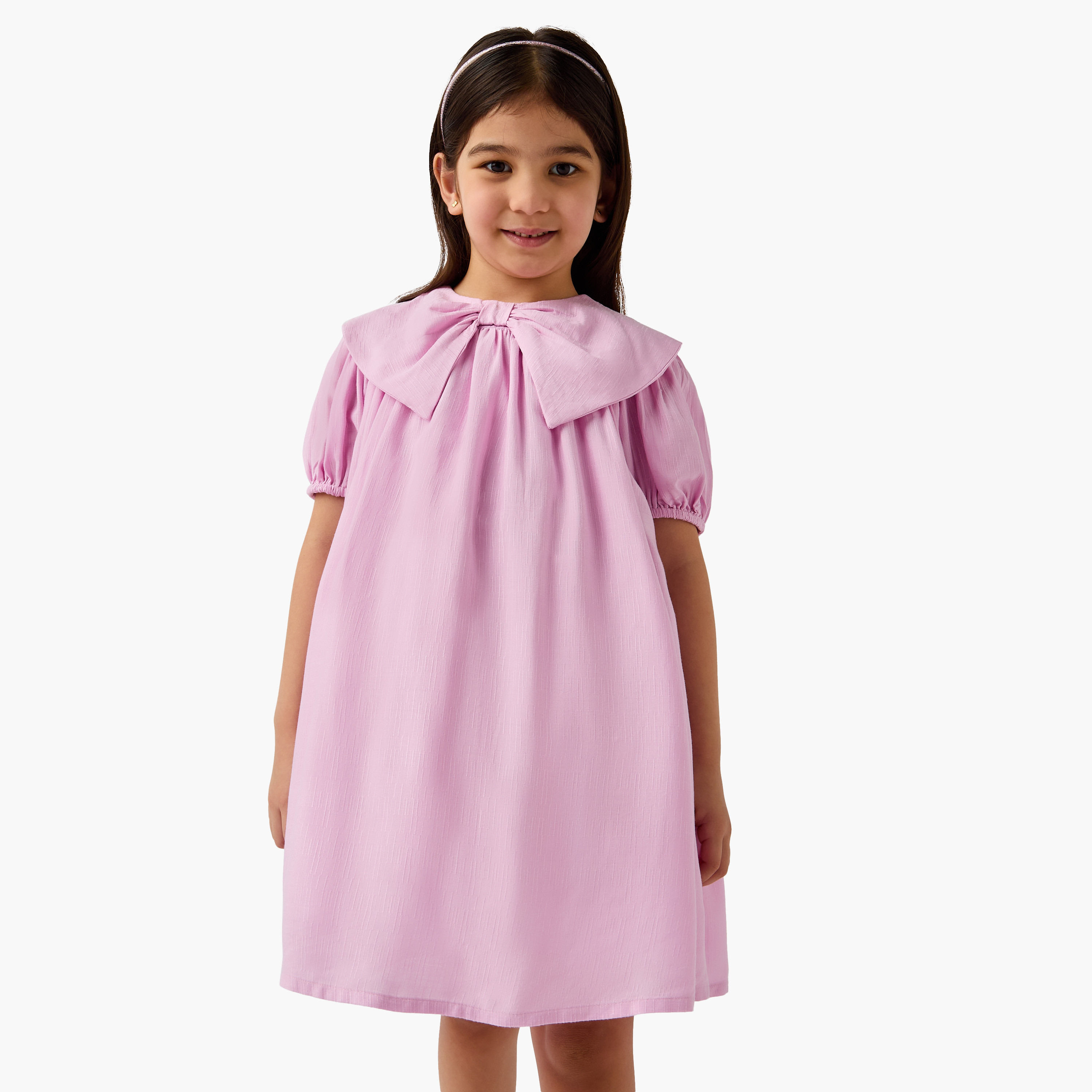 Juniors Solid Dress with Bow Collar and Puff Sleeves-girls-clothing-dressesandjumpsuits-image-7