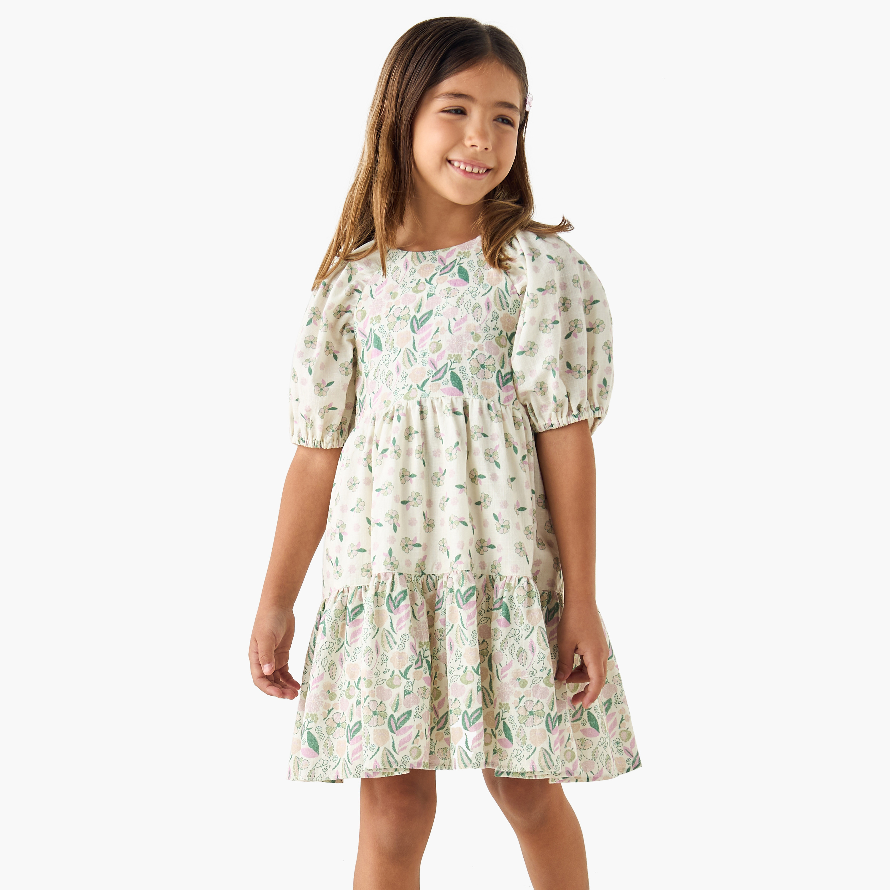 Juniors Floral Print A-line Dress with Round Neck and Short Sleeves-girls-clothing-dressesandjumpsuits-image-1