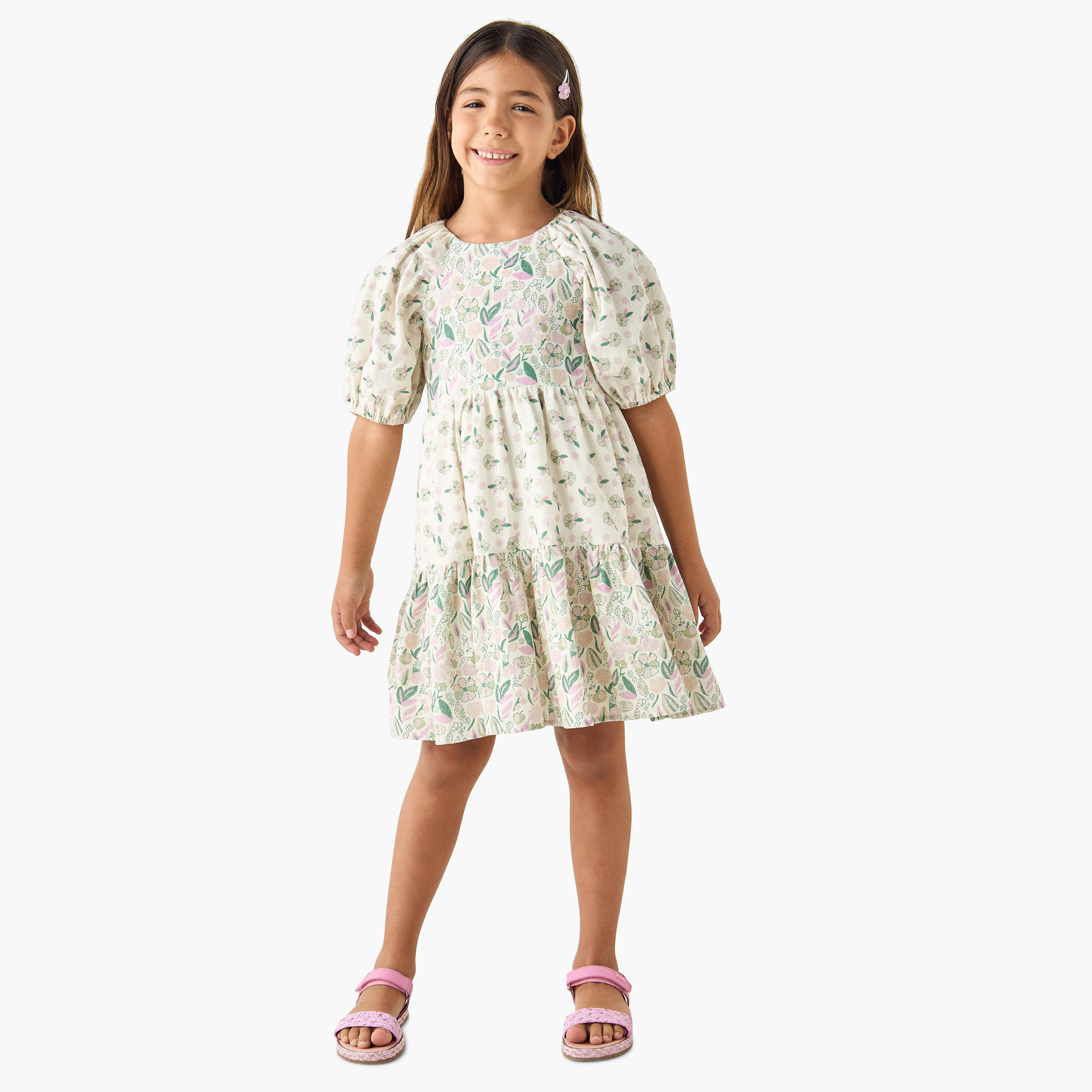 Juniors Floral Print A-line Dress with Round Neck and Short Sleeves-girls-clothing-dressesandjumpsuits-image-2