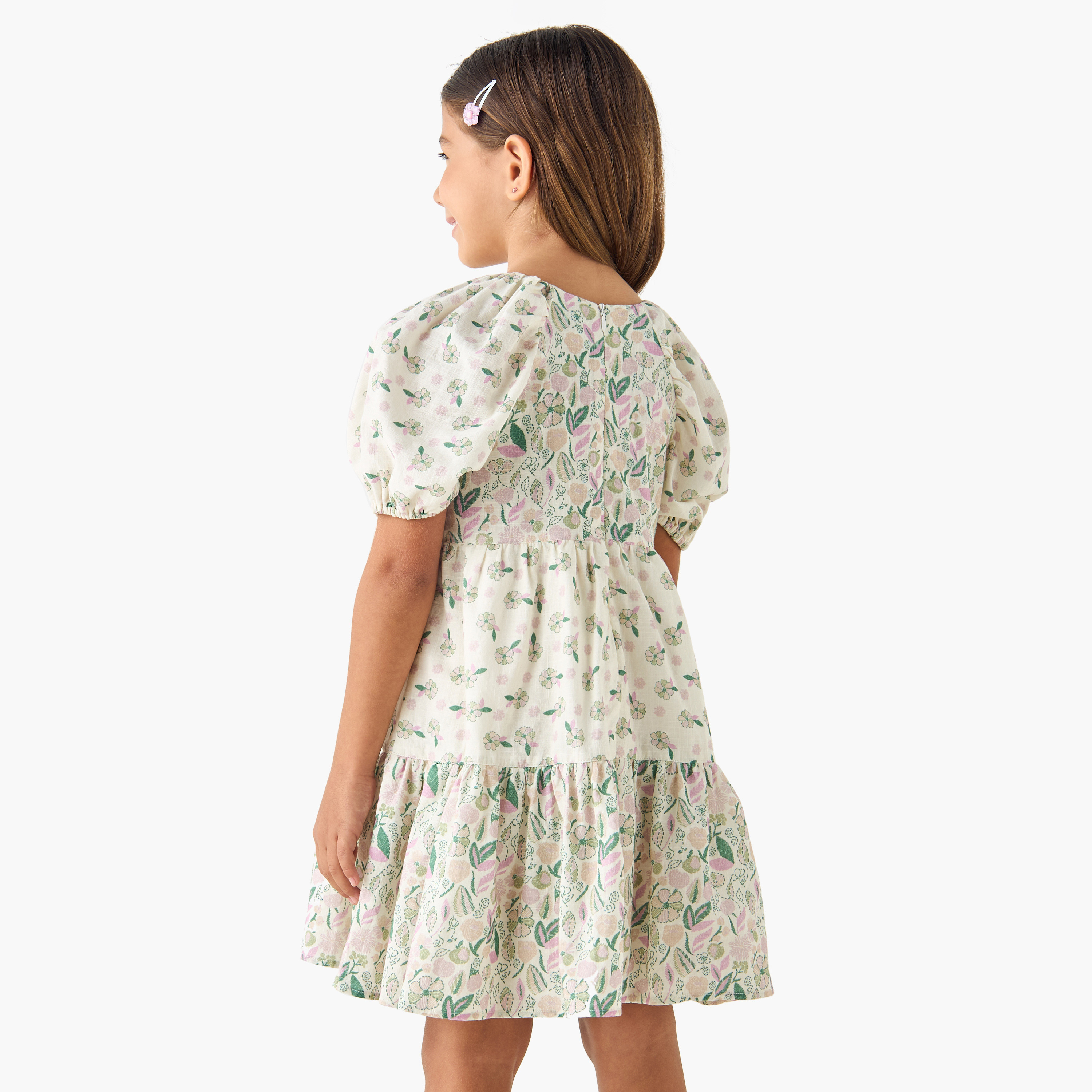 Juniors Floral Print A-line Dress with Round Neck and Short Sleeves-girls-clothing-dressesandjumpsuits-image-3
