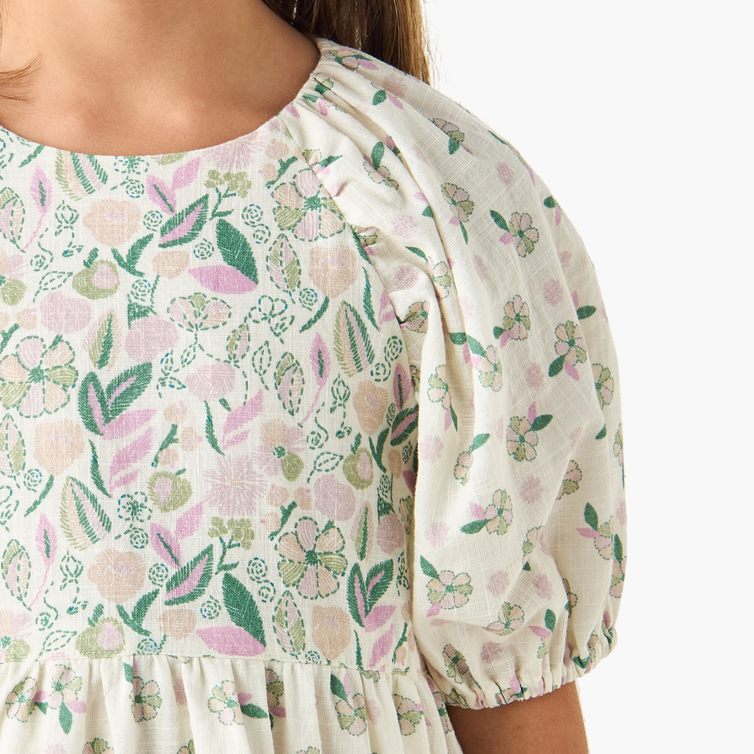 Juniors Floral Print A-line Dress with Round Neck and Short Sleeves-girls-clothing-dressesandjumpsuits-image-4