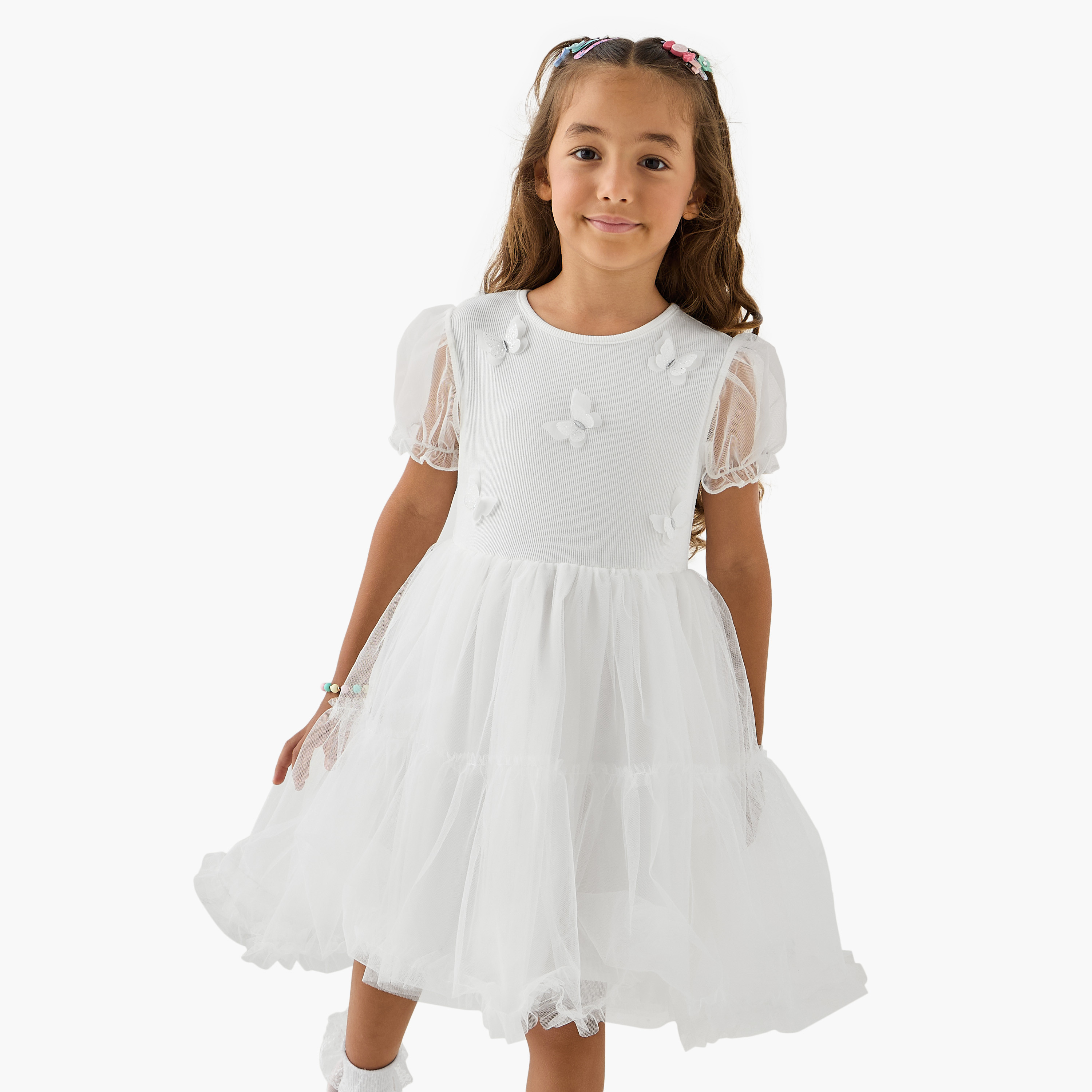 Juniors Butterfly Applique Tulle A-line Dress with Round Neck-girls-clothing-dressesandjumpsuits-image-1