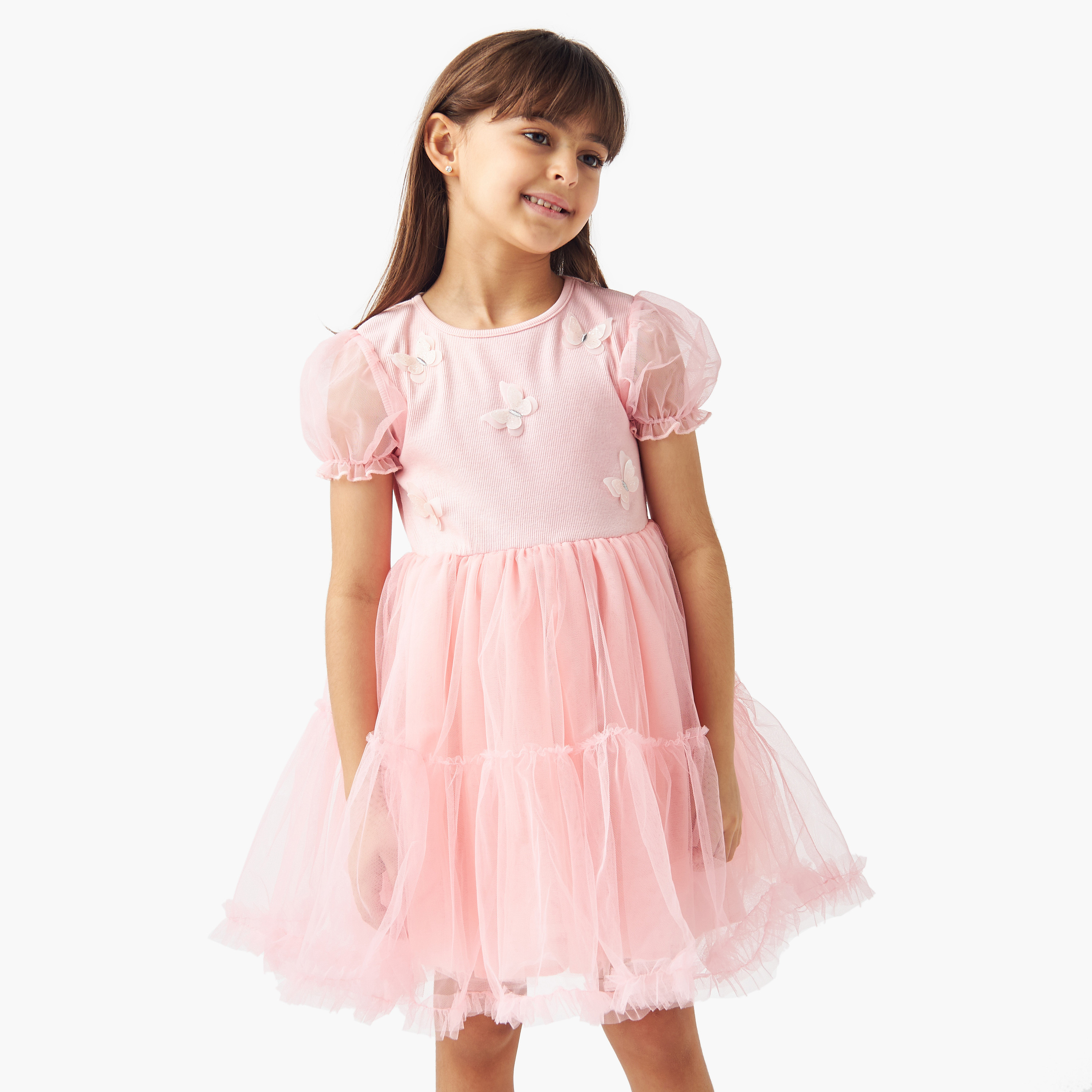 فستان تول إيه لاين بياقة مستديرة وزخارف فراشة من جونيورز-girls-clothing-dressesandjumpsuits-image-1