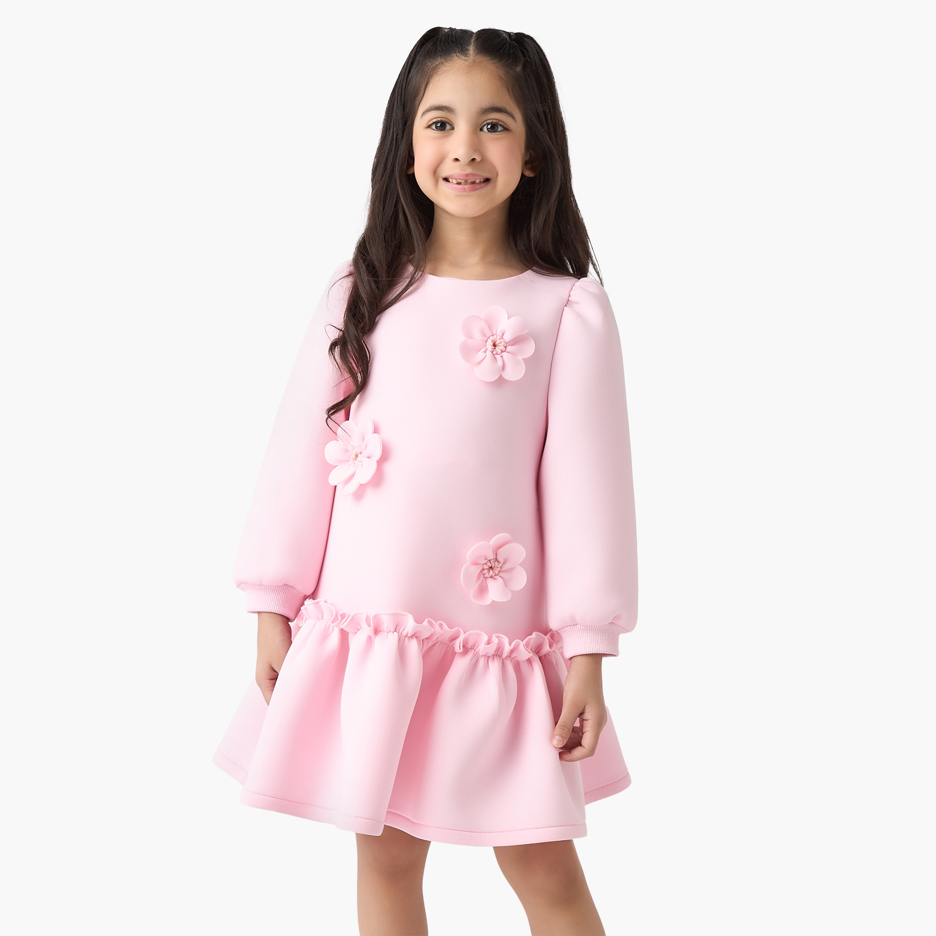 Juniors Floral Applique A-Line Dress with Long Sleeves-girls-clothing-winterwear-dresses-image-1