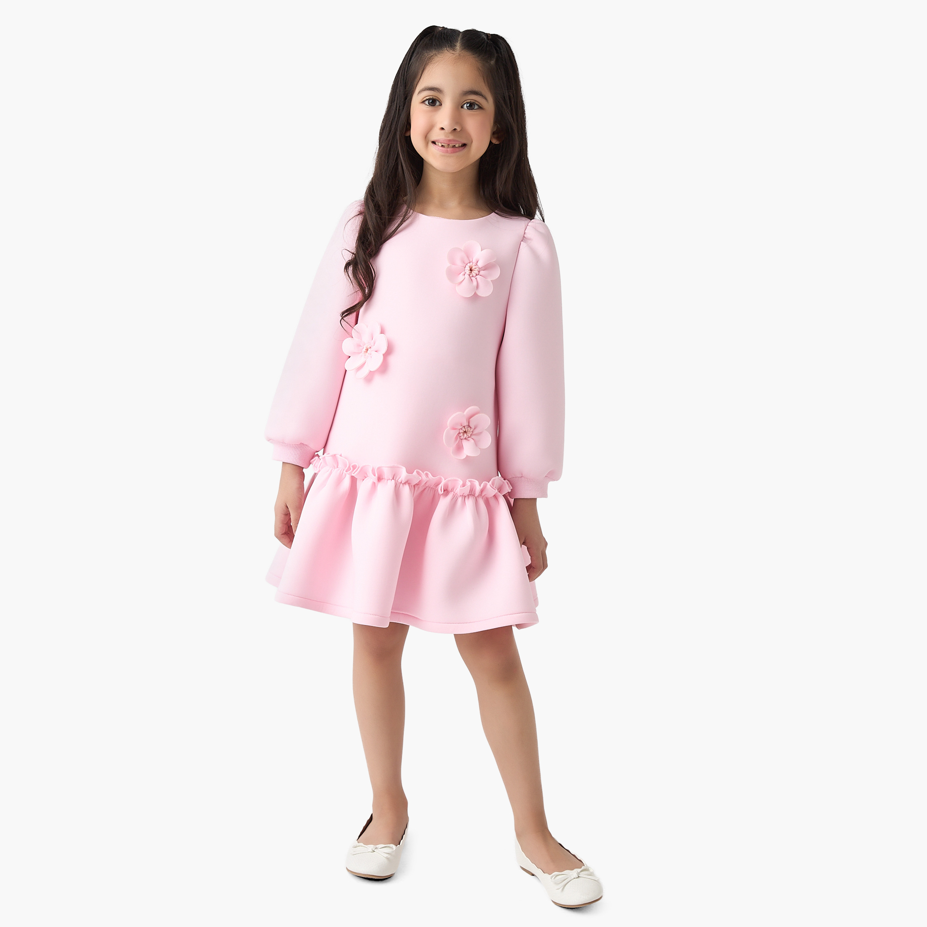 Juniors Floral Applique A-Line Dress with Long Sleeves-girls-clothing-winterwear-dresses-image-2