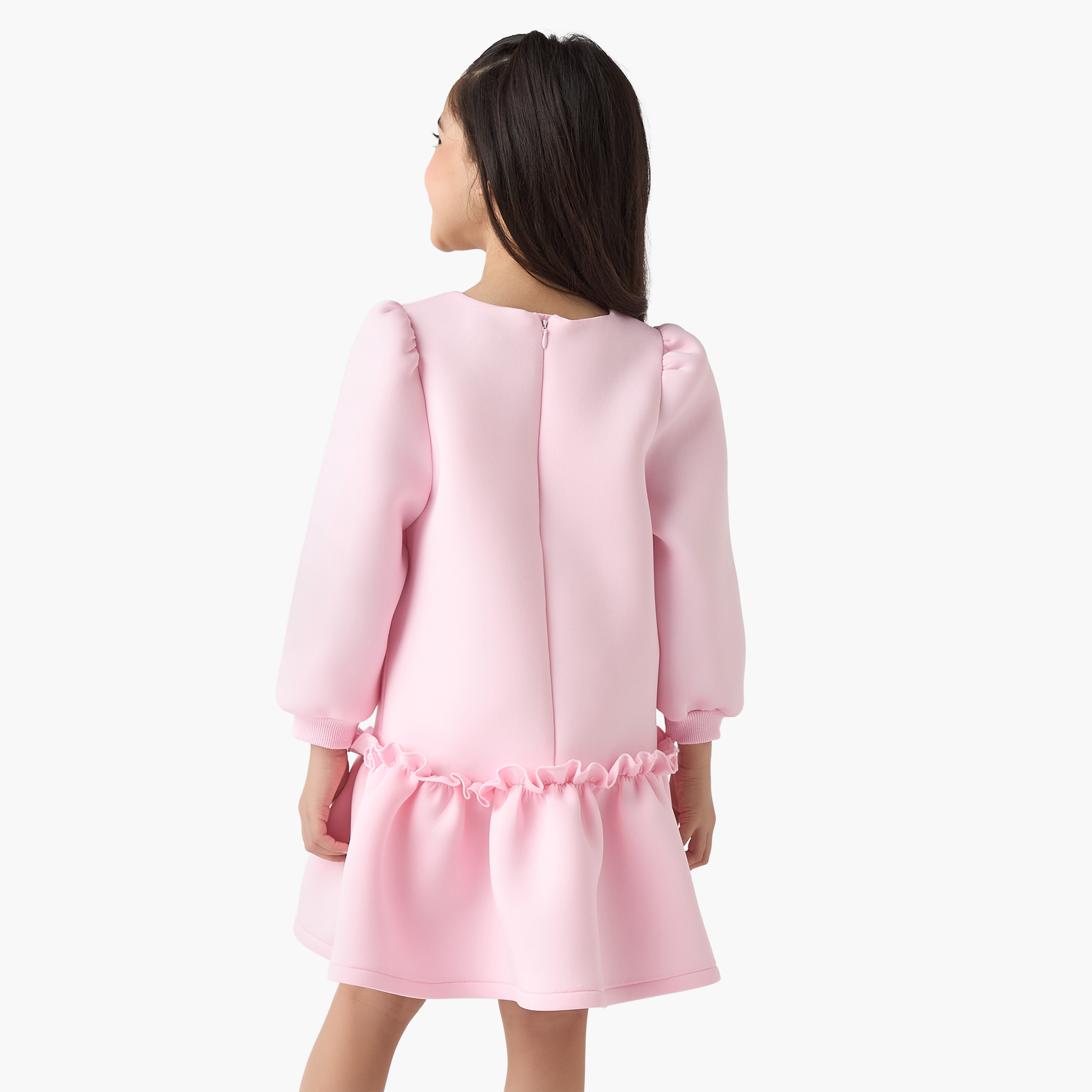 Juniors Floral Applique A-Line Dress with Long Sleeves-girls-clothing-winterwear-dresses-image-3