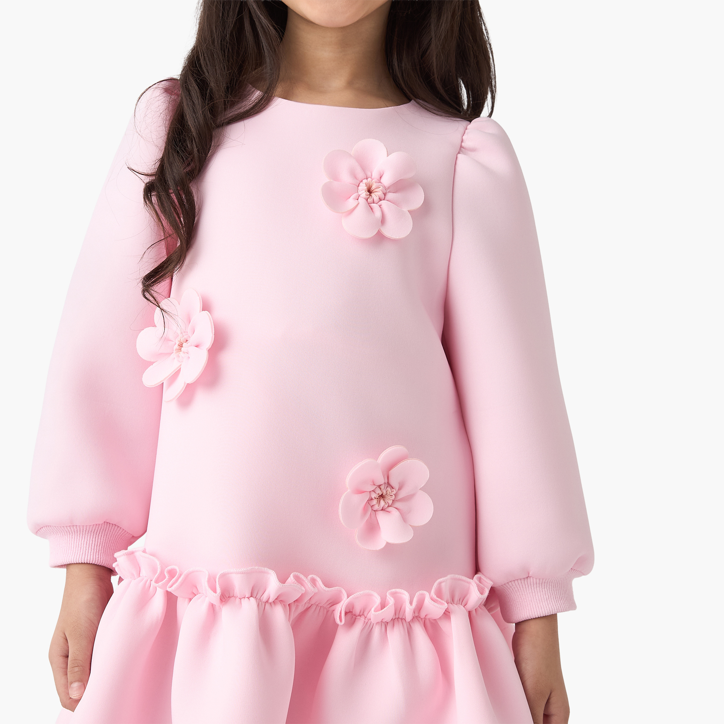 Juniors Floral Applique A-Line Dress with Long Sleeves-girls-clothing-winterwear-dresses-image-4