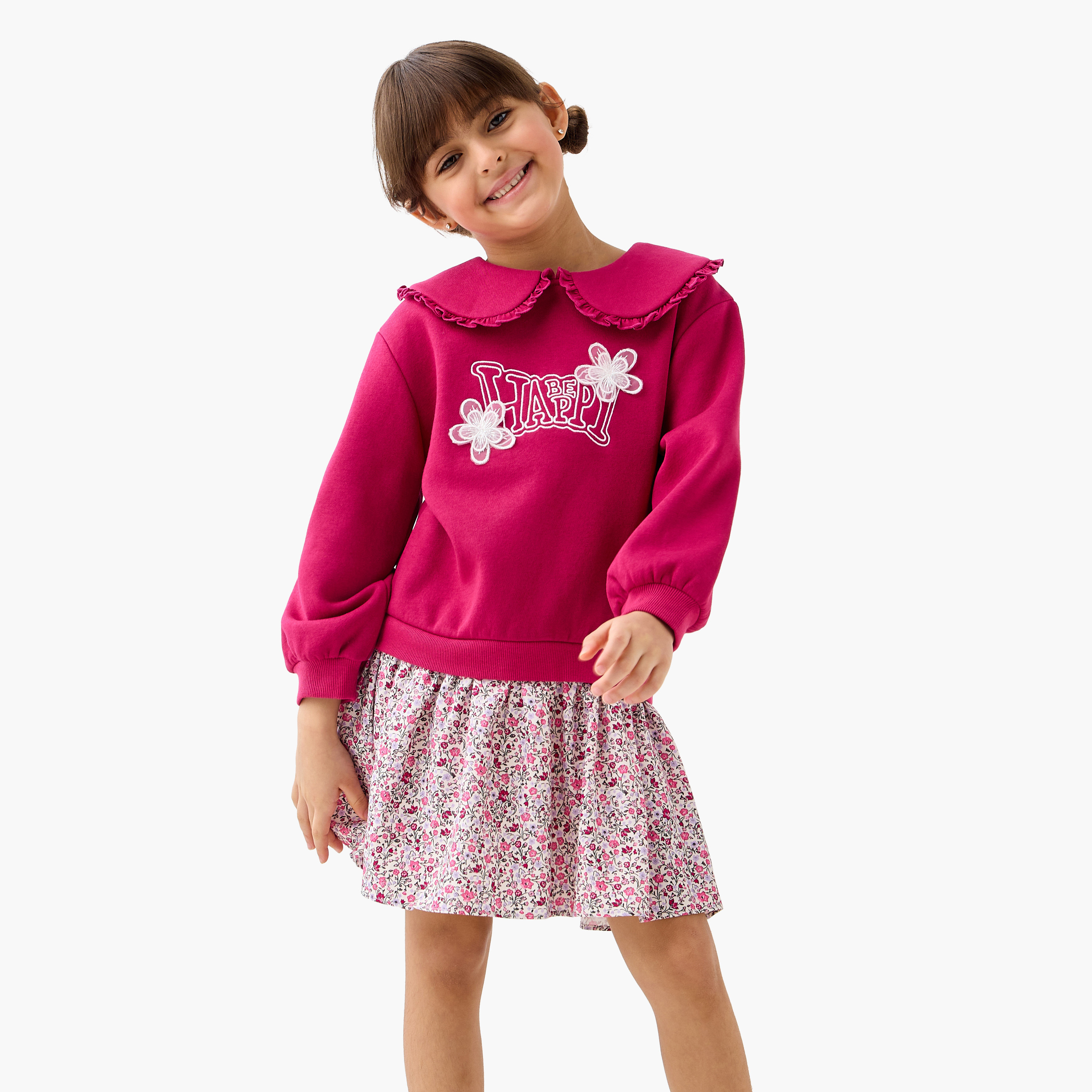 فستان سويدي مطرز بياقة بيتر بان وأكمام طويلة من جونيورز-girls-clothing-winterwear-dresses-image-6