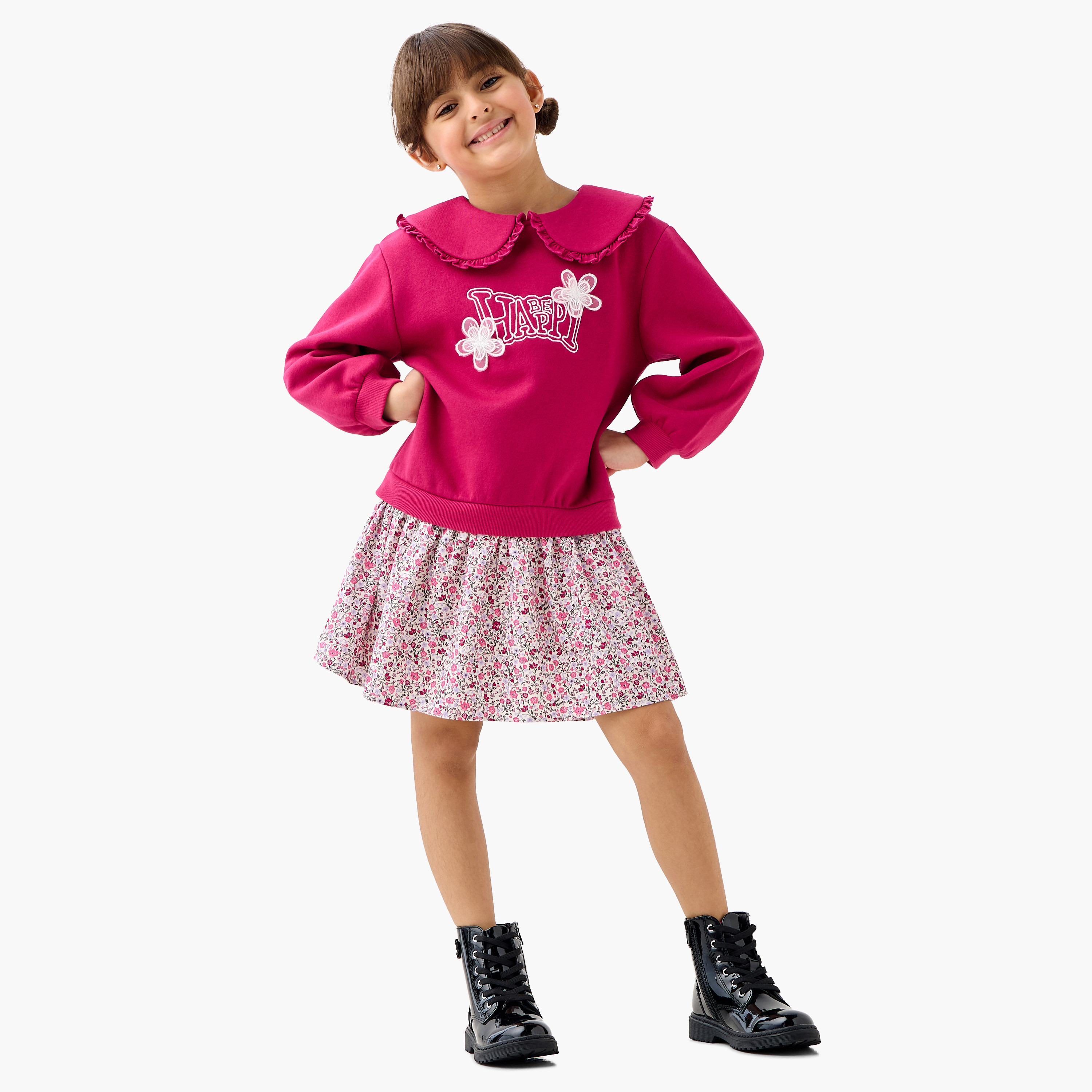 فستان سويدي مطرز بياقة بيتر بان وأكمام طويلة من جونيورز-girls-clothing-winterwear-dresses-image-5