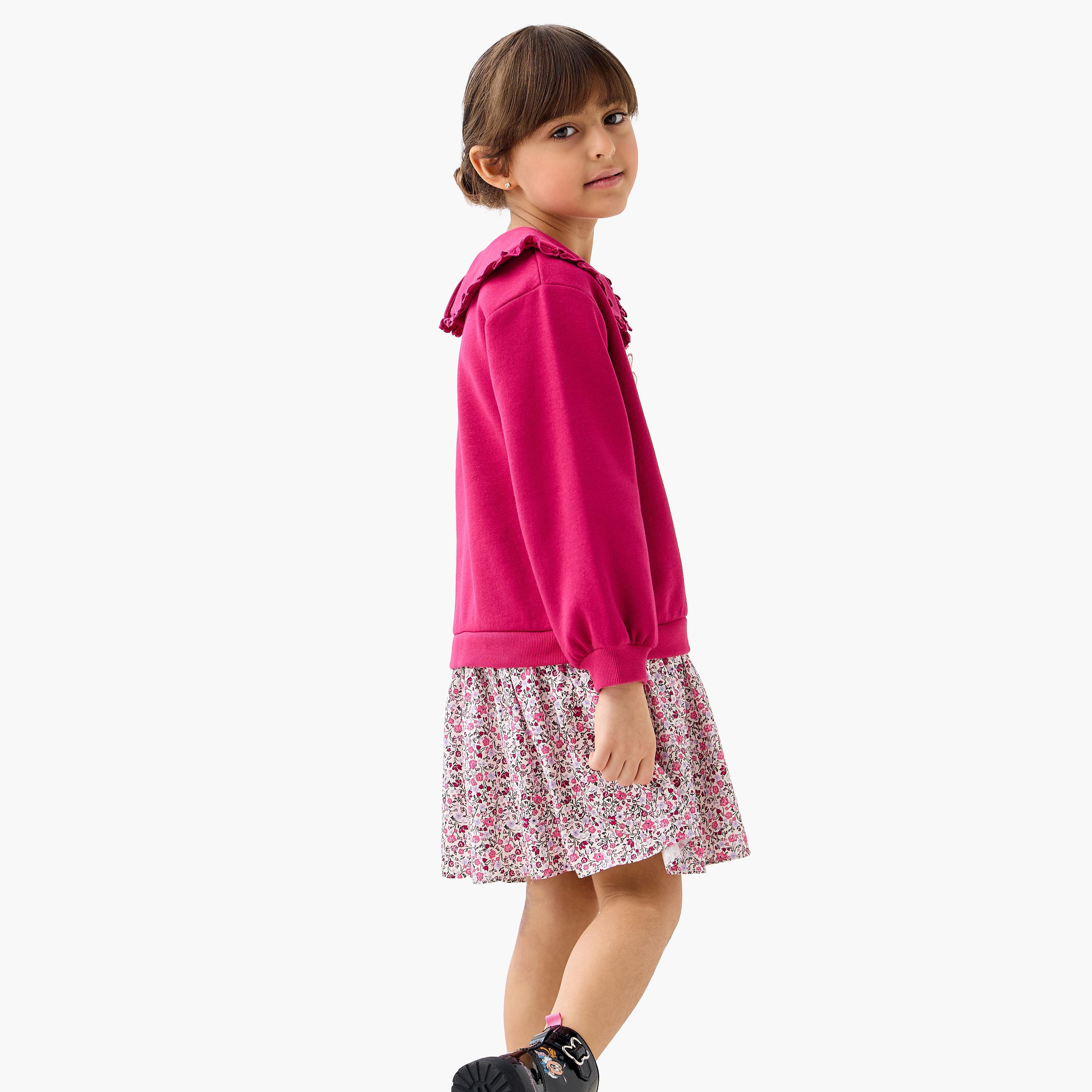 فستان سويدي مطرز بياقة بيتر بان وأكمام طويلة من جونيورز-girls-clothing-winterwear-dresses-image-3