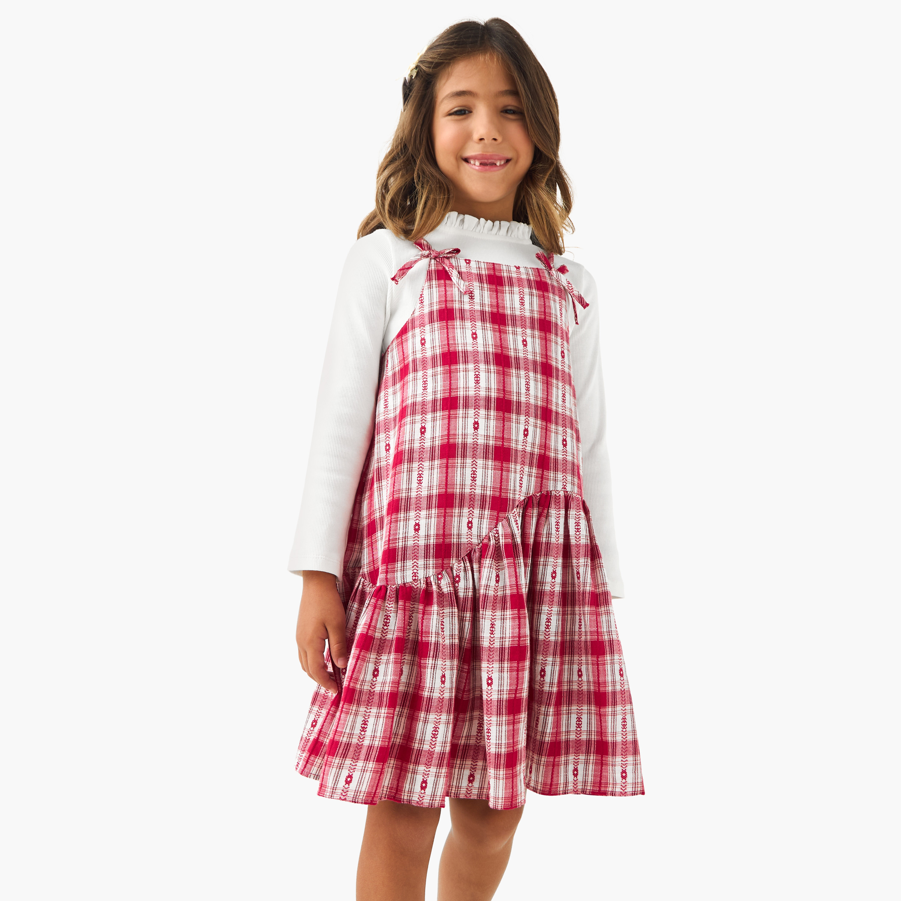 Juniors Piecrust Neck Top with Pinafore Dress-girls-clothing-winterwear-dresses-image-1