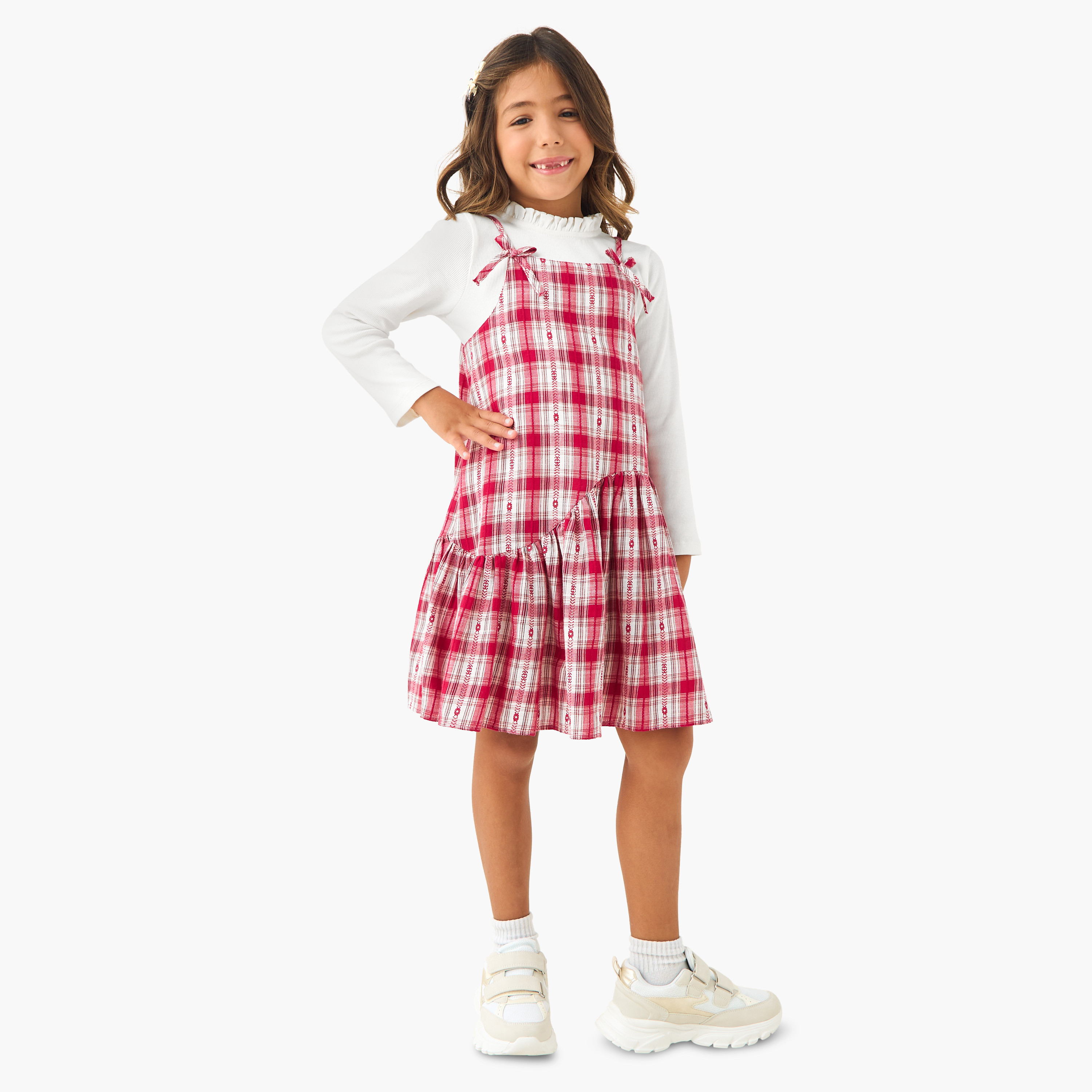 Juniors Piecrust Neck Top with Pinafore Dress-girls-clothing-winterwear-dresses-image-2