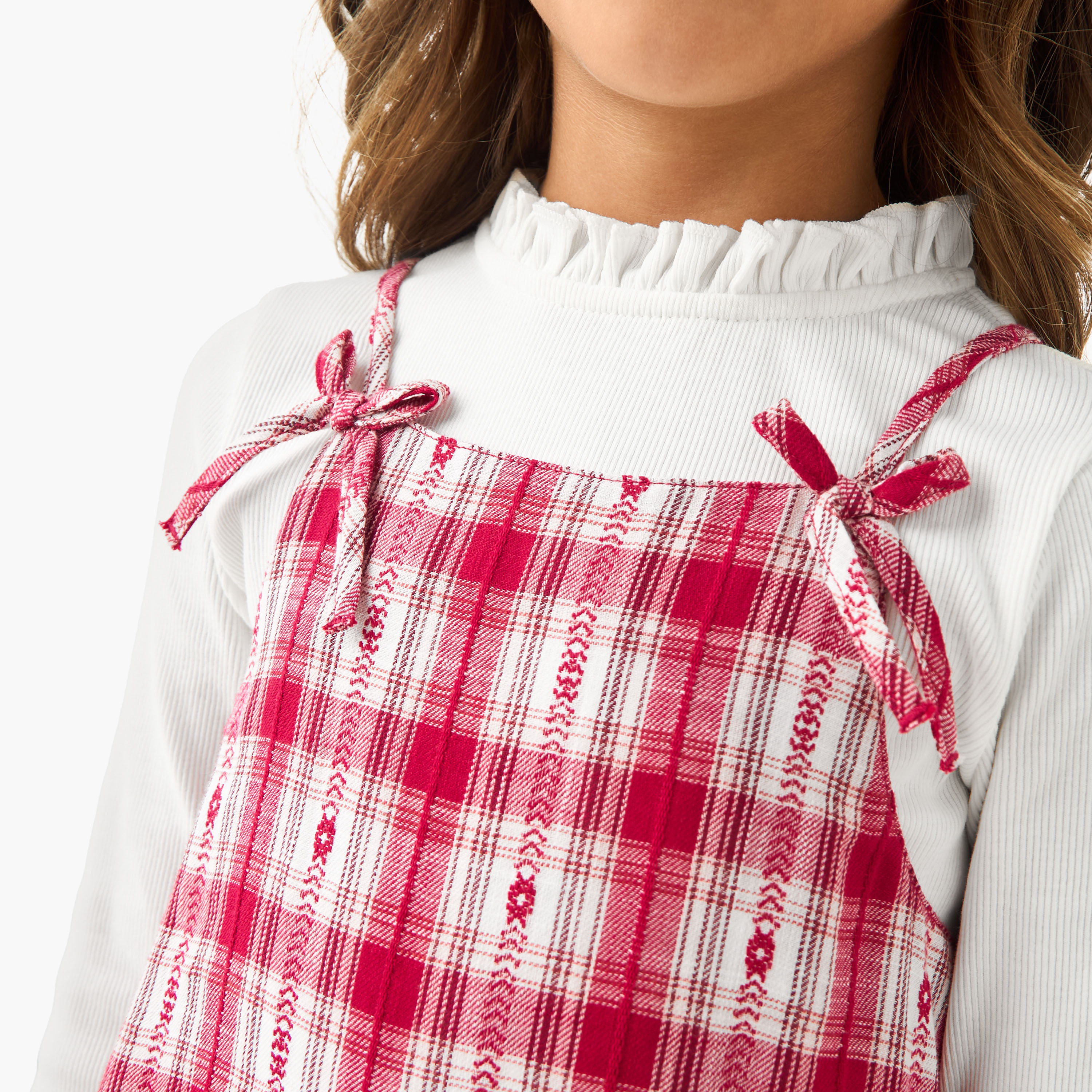 Juniors Piecrust Neck Top with Pinafore Dress-girls-clothing-winterwear-dresses-image-4