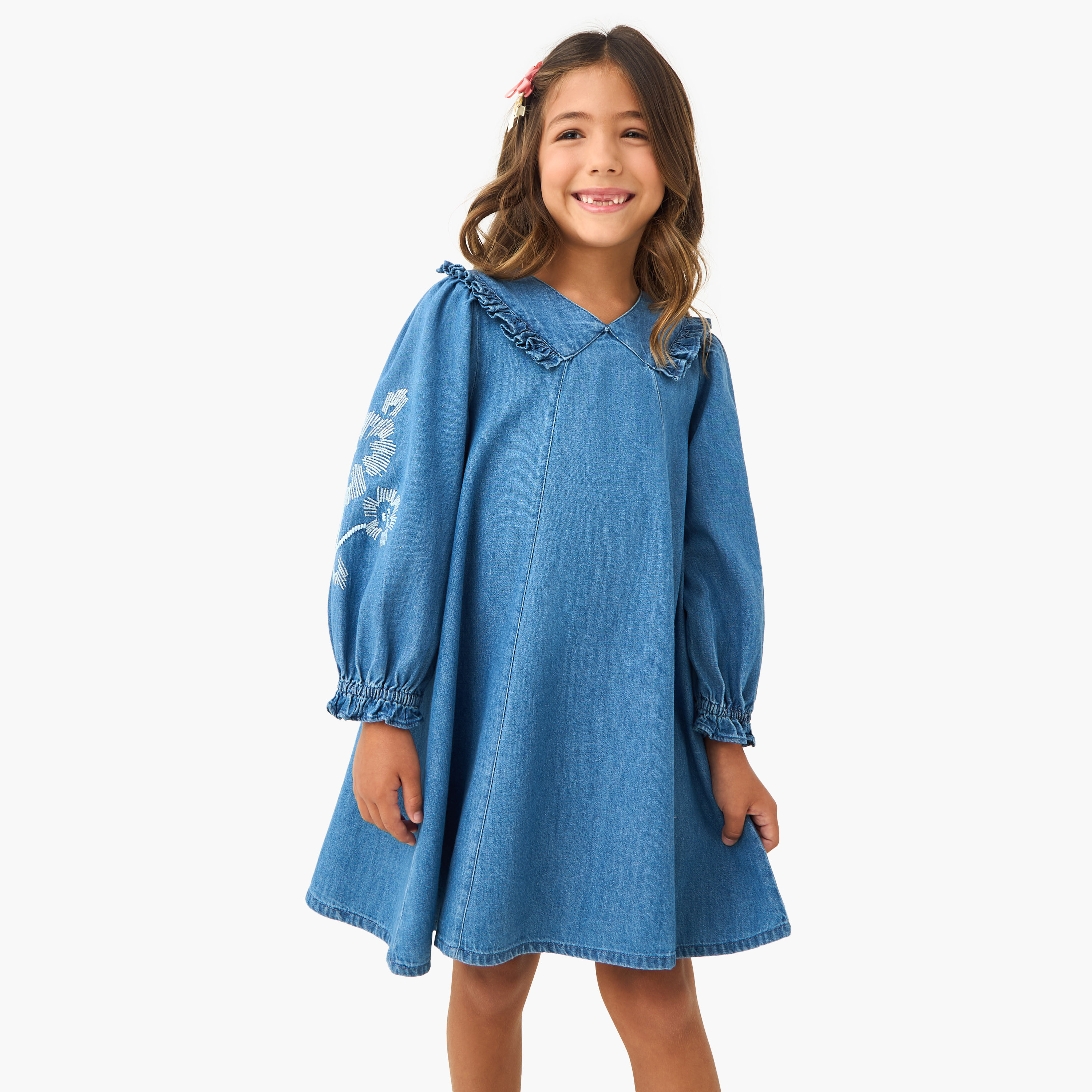 Juniors Embroidered Frill Denim Dress with Collar-girls-clothing-dressesandjumpsuits-image-1