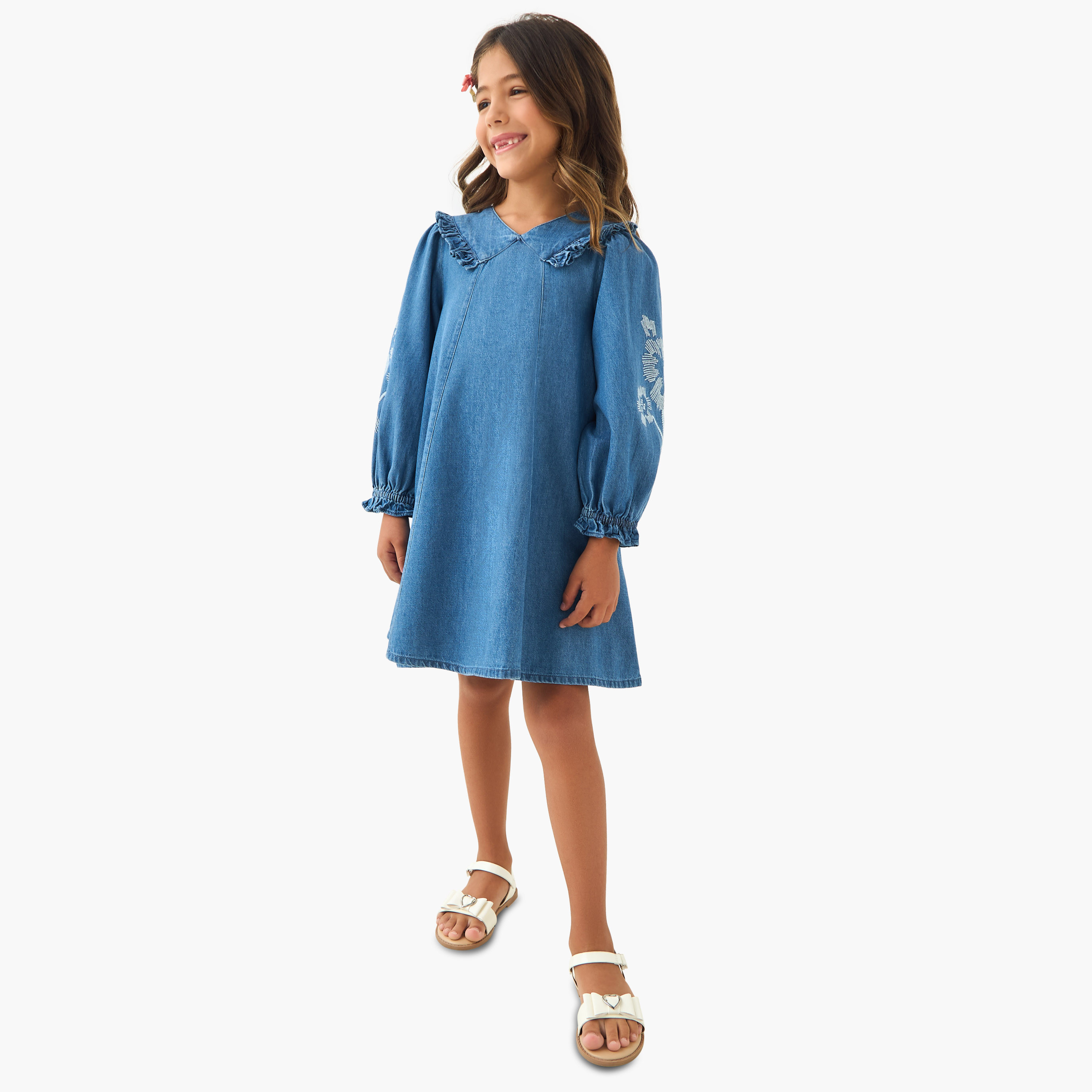 Juniors Embroidered Frill Denim Dress with Collar-girls-clothing-dressesandjumpsuits-image-2