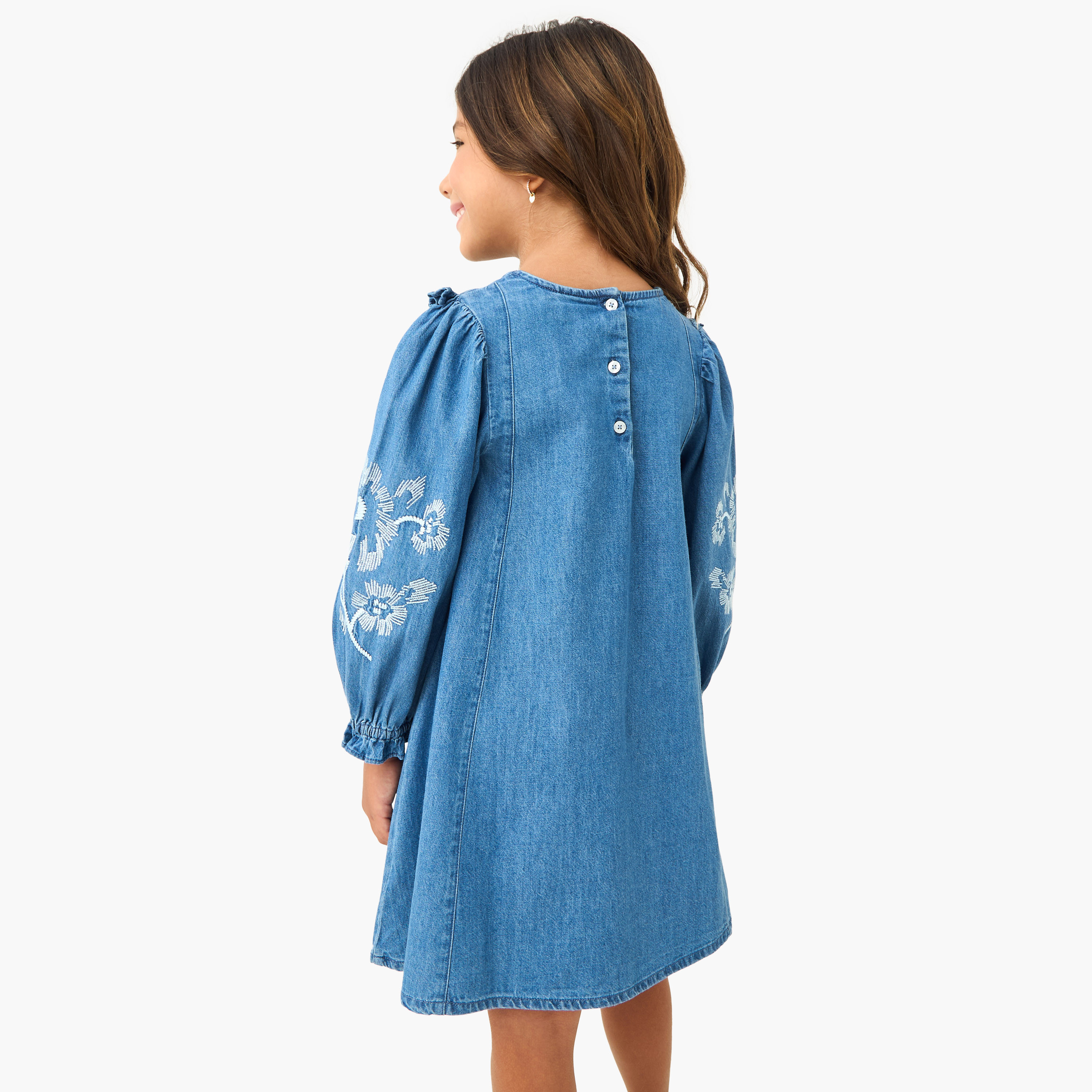 Juniors Embroidered Frill Denim Dress with Collar-girls-clothing-dressesandjumpsuits-image-3