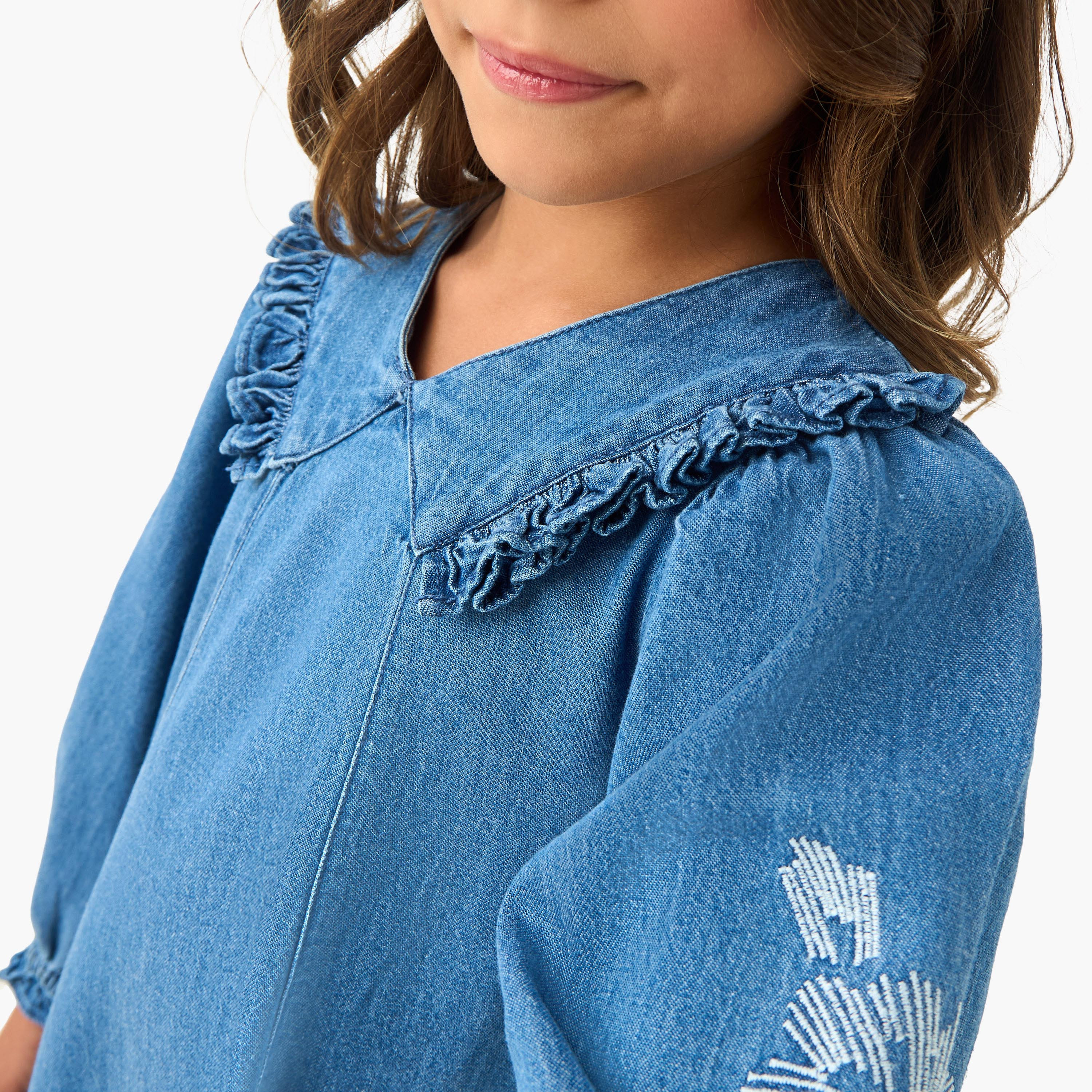 Juniors Embroidered Frill Denim Dress with Collar-girls-clothing-dressesandjumpsuits-image-4