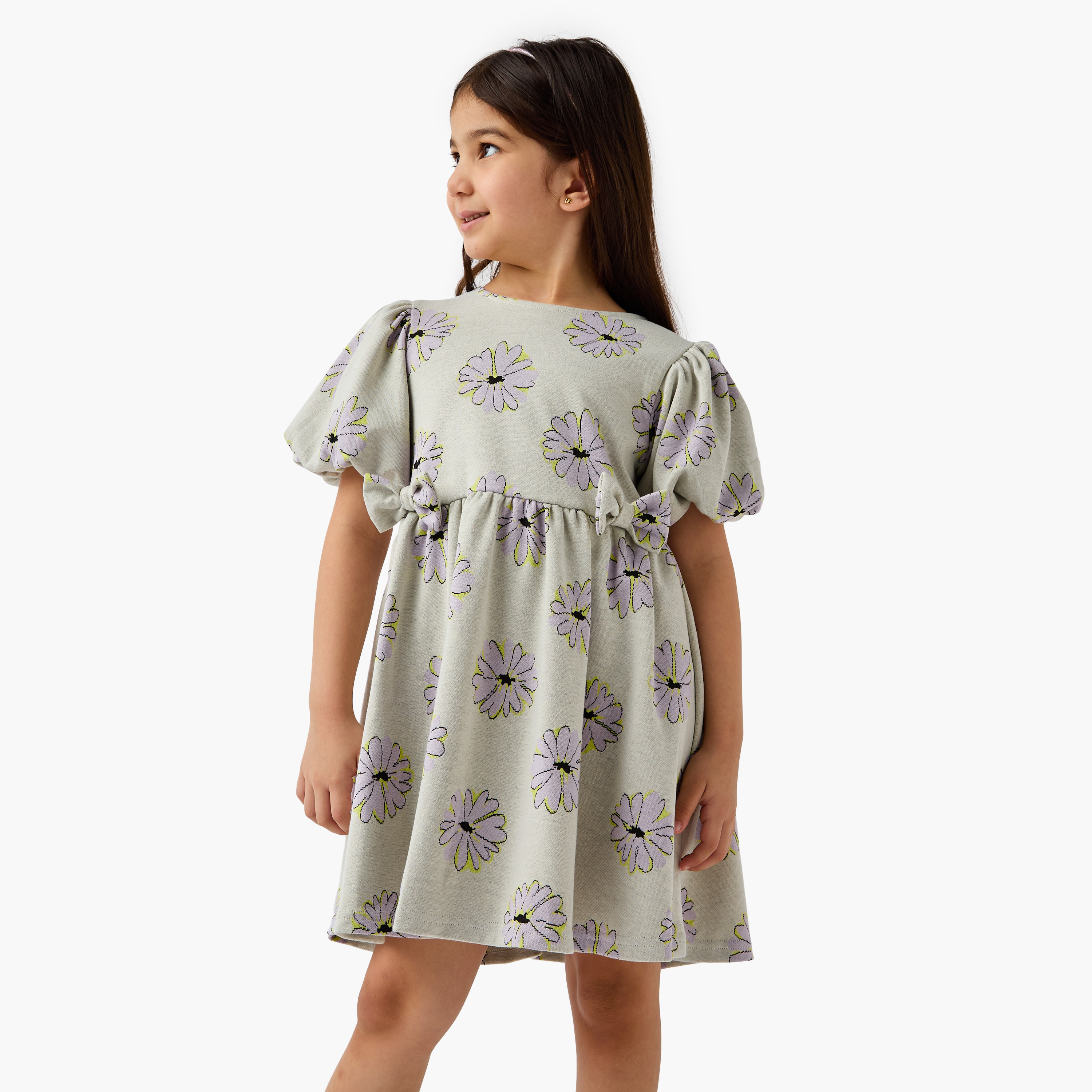 Juniors Bow Accent A-Line Dress with Puff Sleeves-girls-clothing-dressesandjumpsuits-image-1