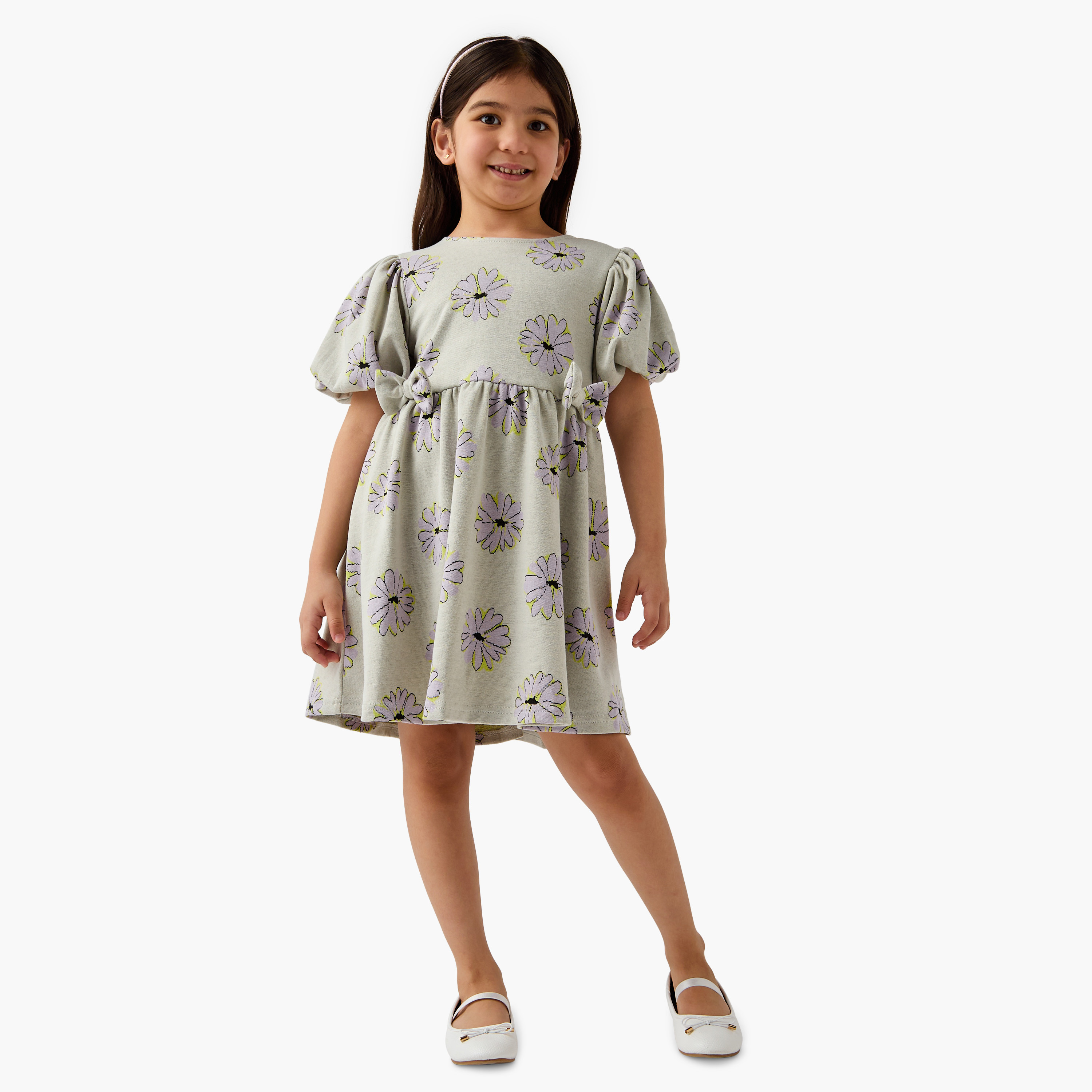 Juniors Bow Accent A-Line Dress with Puff Sleeves-girls-clothing-dressesandjumpsuits-image-2
