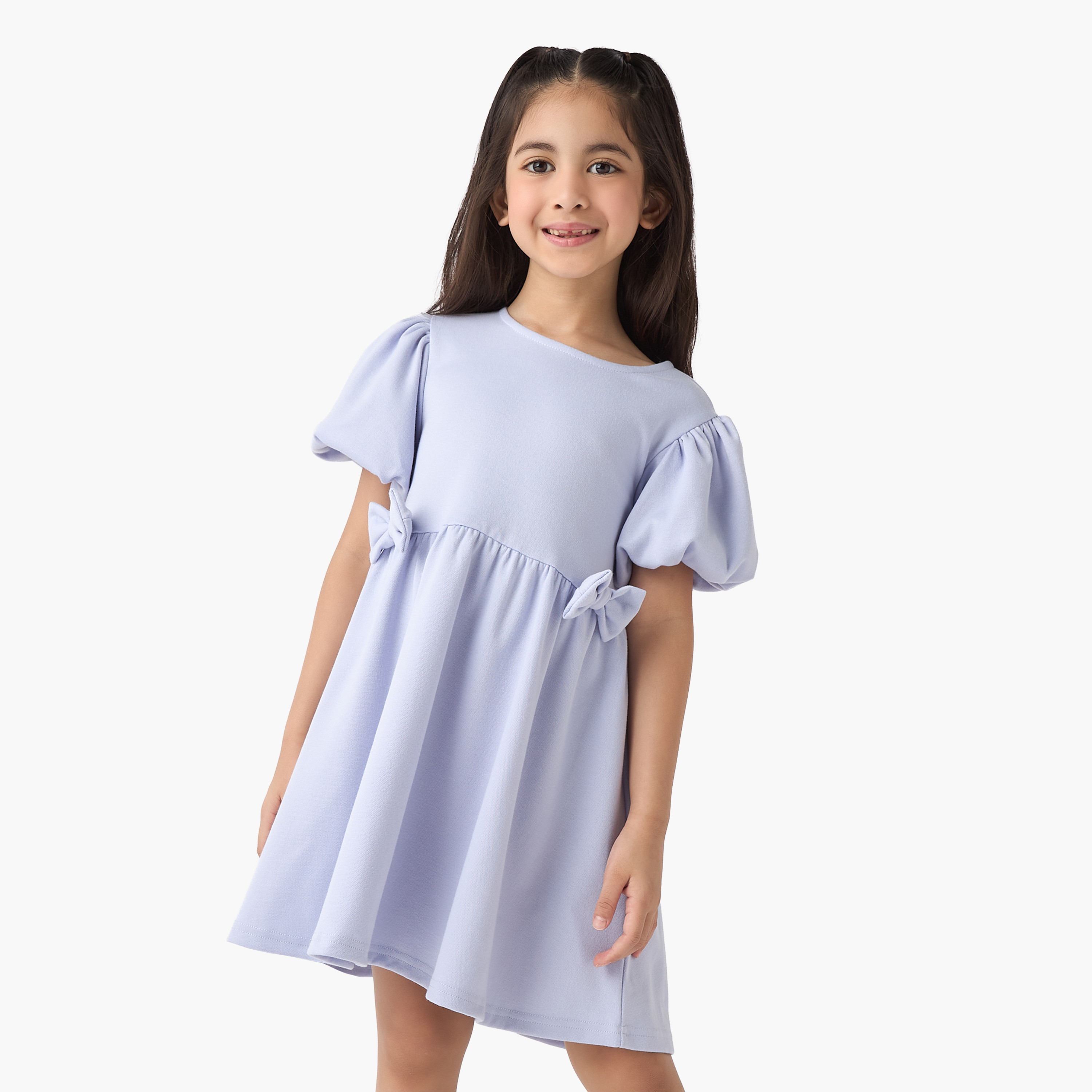 Juniors Bow Accent A-Line Dress with Puff Sleeves-girls-clothing-dressesandjumpsuits-image-1