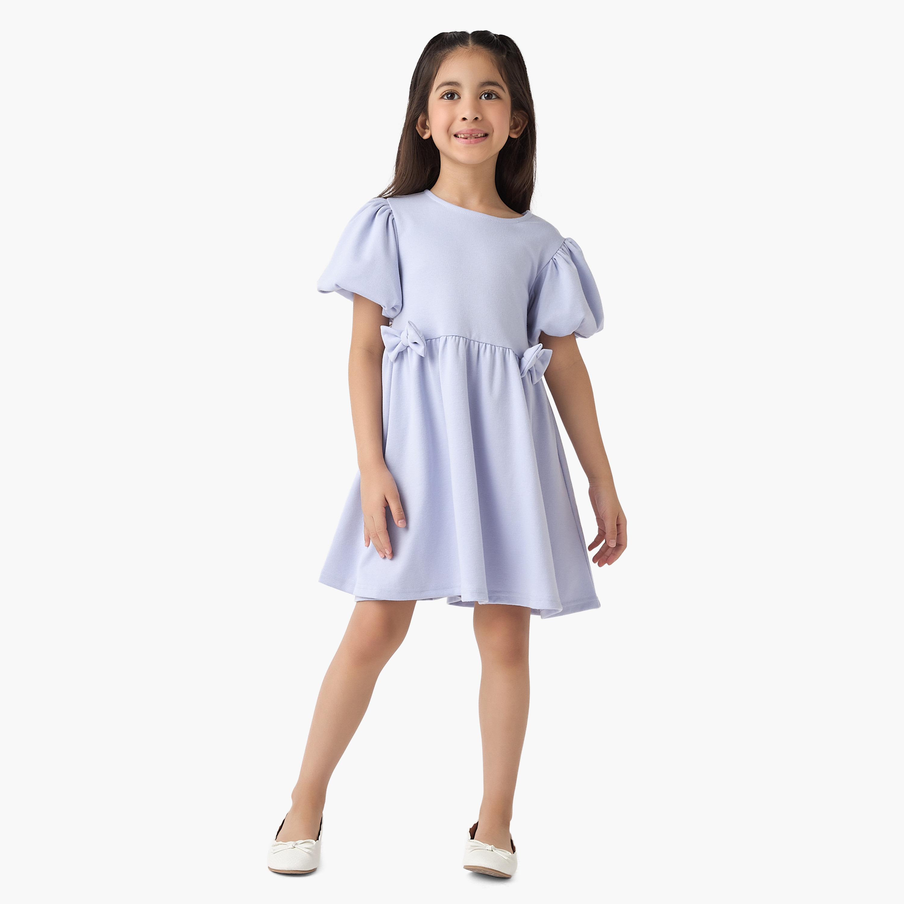 Juniors Bow Accent A-Line Dress with Puff Sleeves-girls-clothing-dressesandjumpsuits-image-2
