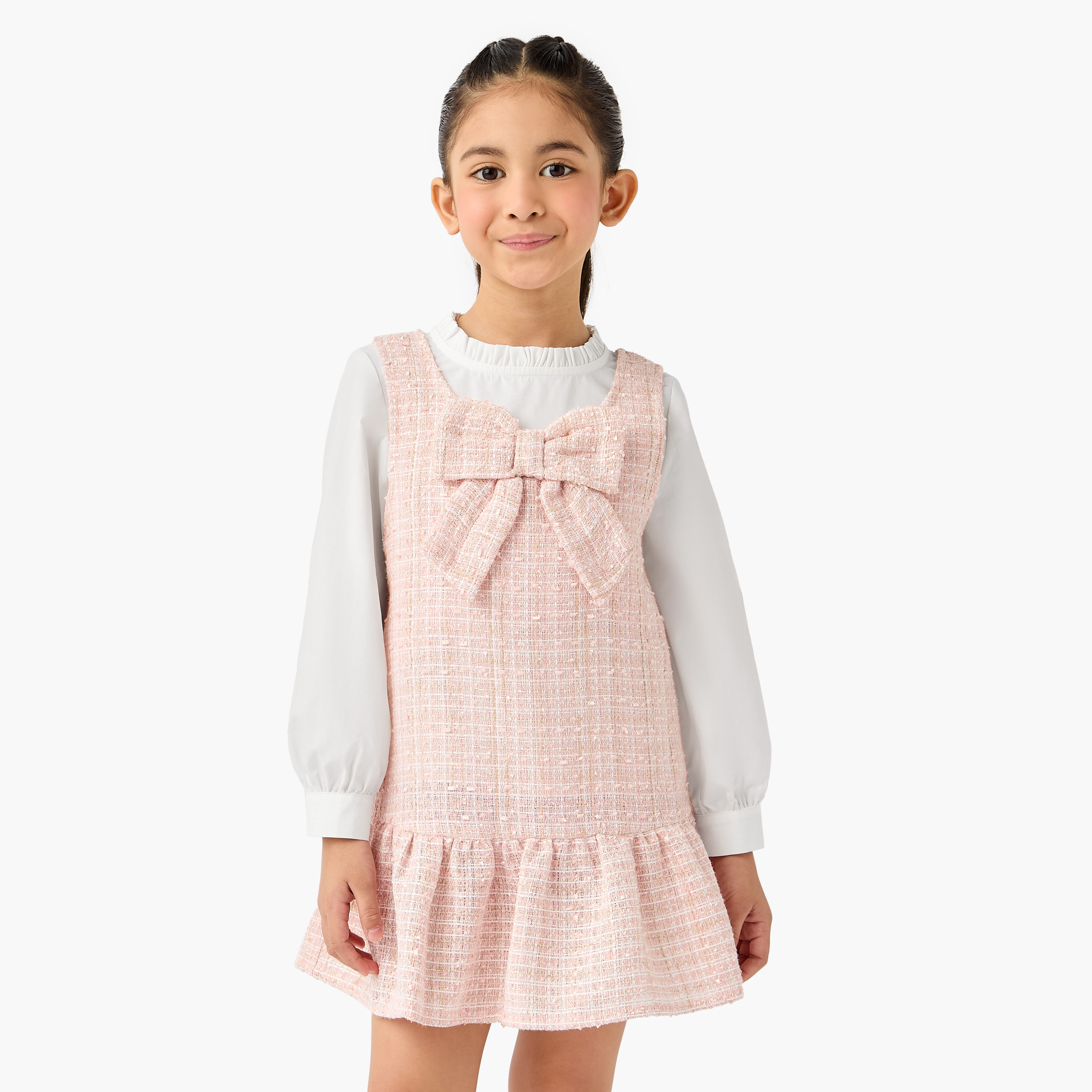 Juniors Tweed Pinafore Dress with Bow-girls-clothing-winterwear-dresses-image-1
