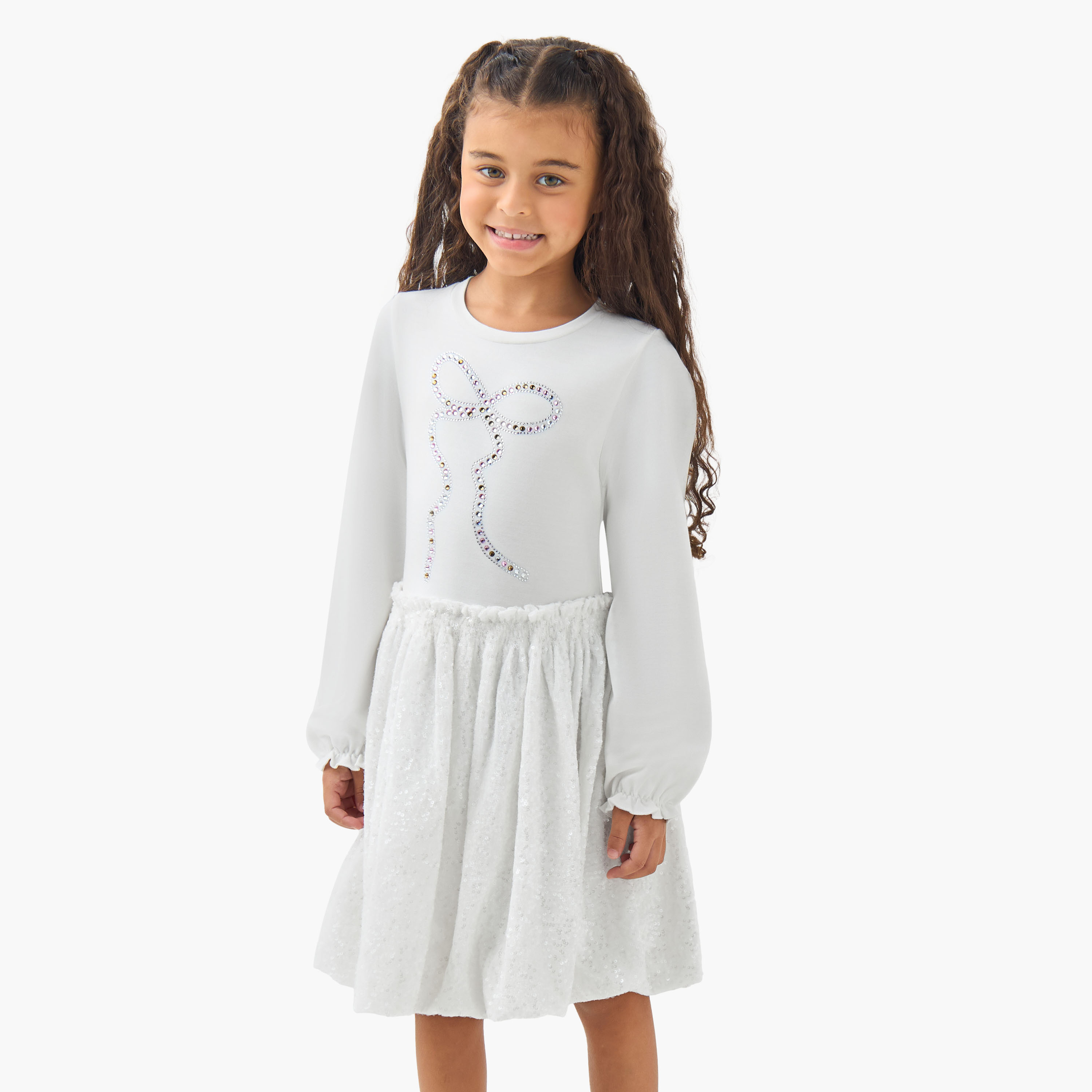 Juniors Round Neck Long Sleeves Knee Length Dress with Sequin Detail-girls-clothing-dressesandjumpsuits-image-1