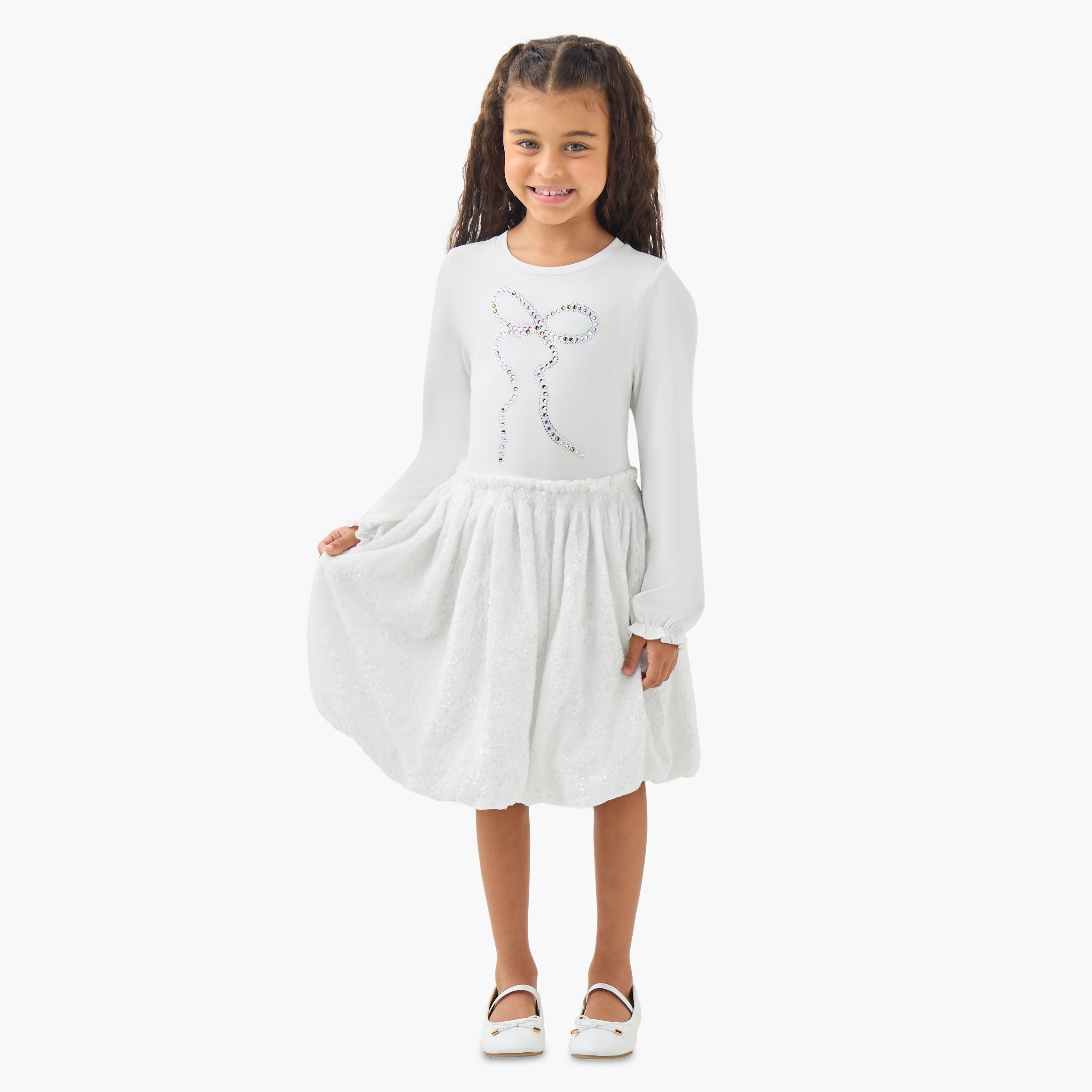 Juniors Round Neck Long Sleeves Knee Length Dress with Sequin Detail-girls-clothing-dressesandjumpsuits-image-2