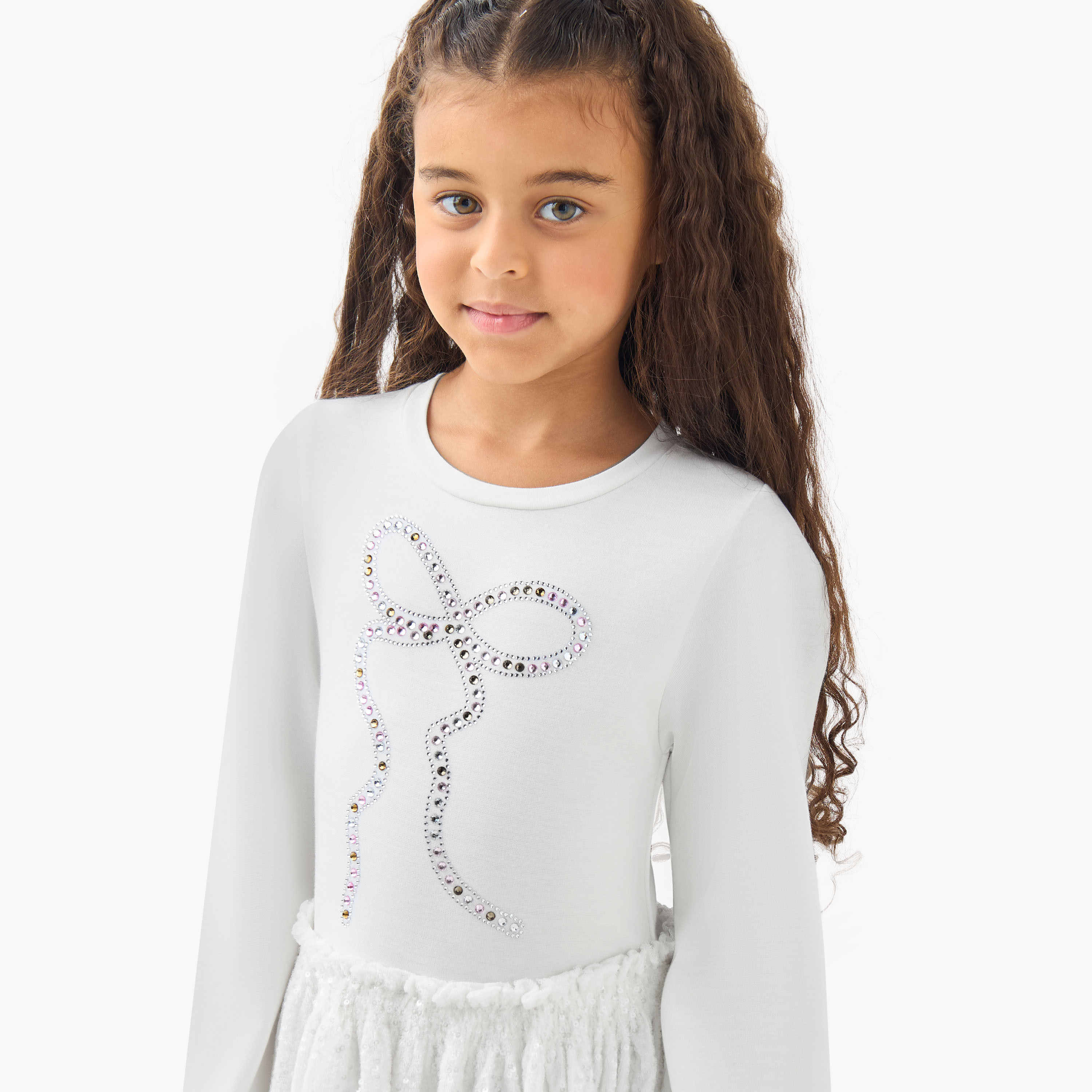 Juniors Round Neck Long Sleeves Knee Length Dress with Sequin Detail-girls-clothing-dressesandjumpsuits-image-4