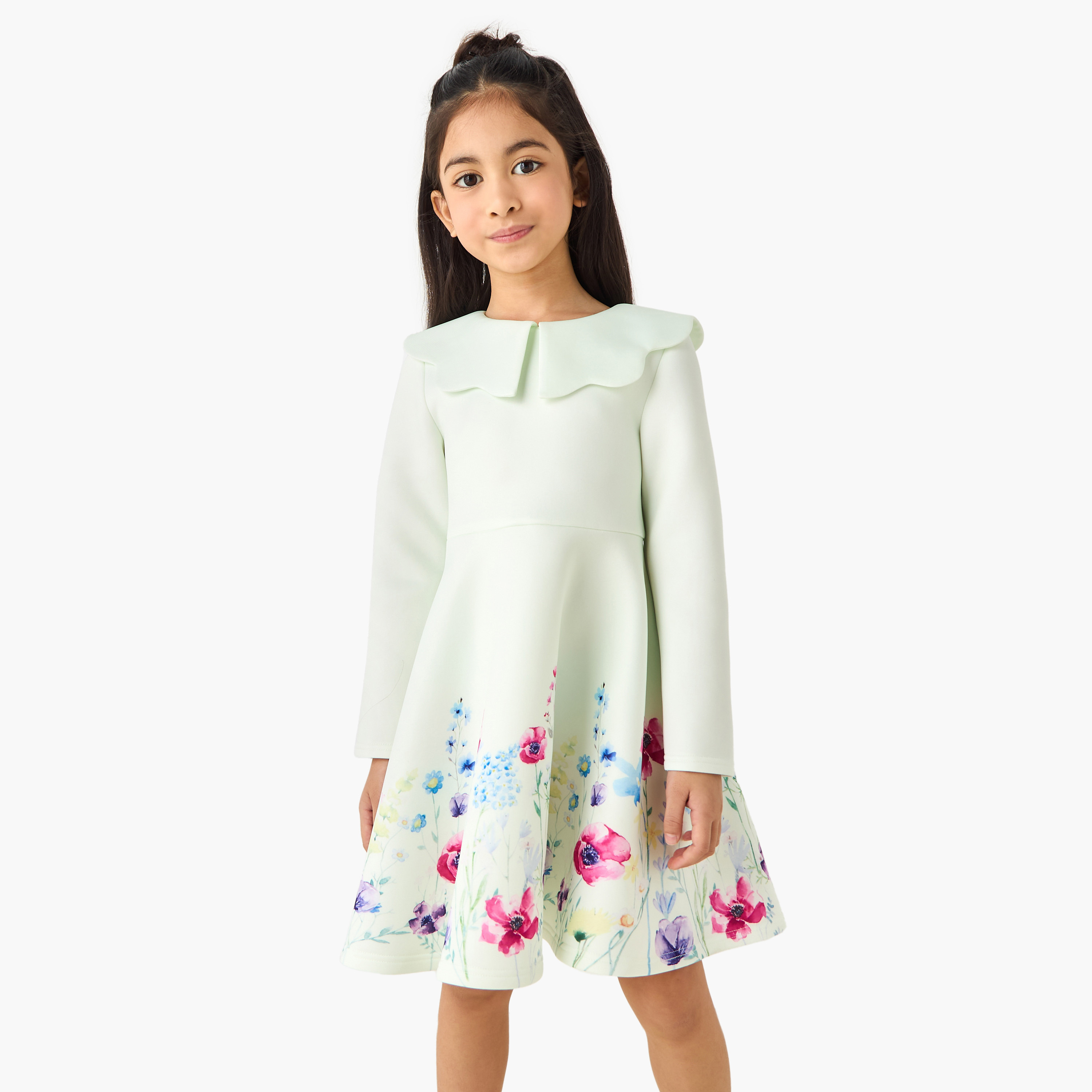 Juniors Round Neck Long Sleeves Knee Length Dress with Floral Print-girls-clothing-dressesandjumpsuits-image-1