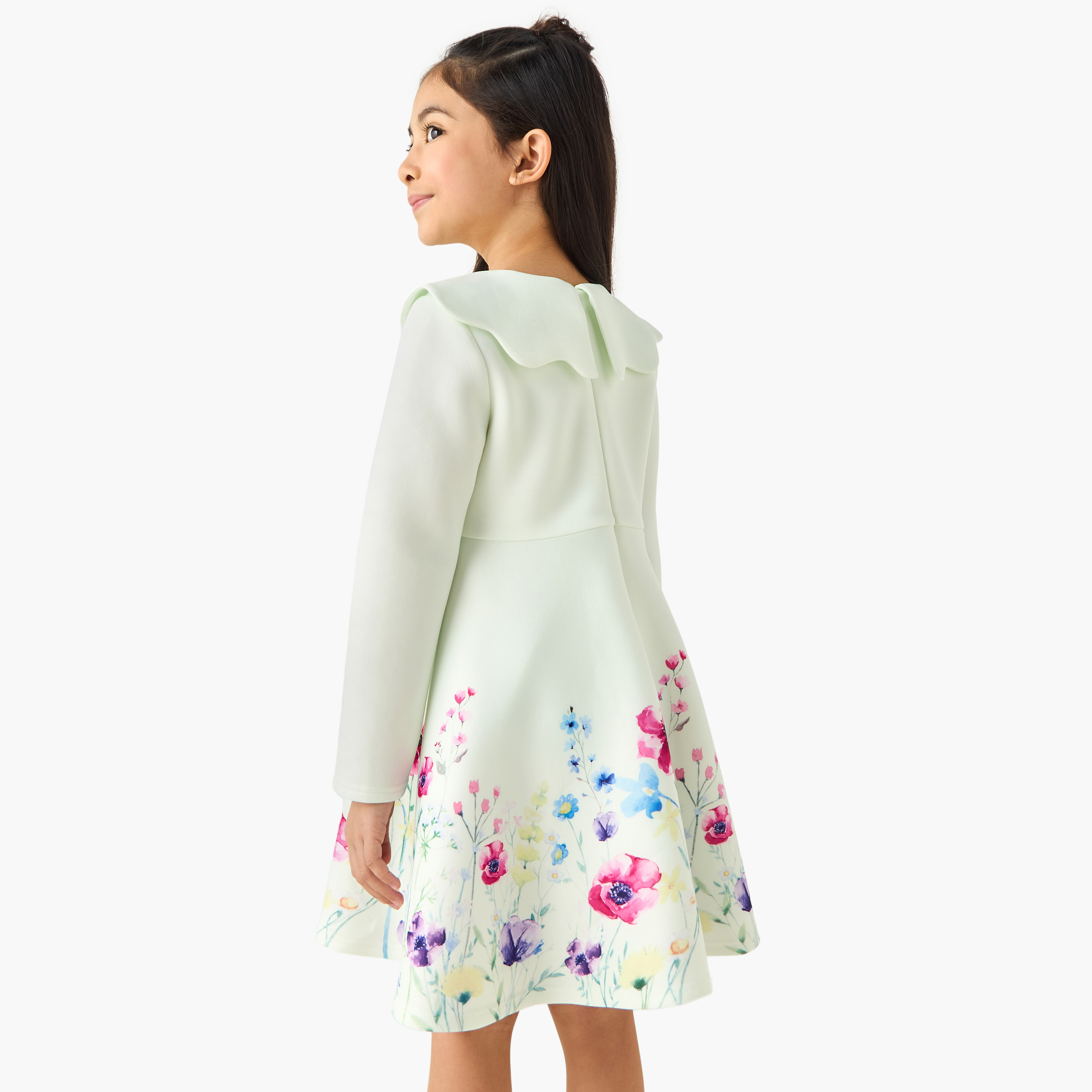 Juniors Round Neck Long Sleeves Knee Length Dress with Floral Print-girls-clothing-dressesandjumpsuits-image-3
