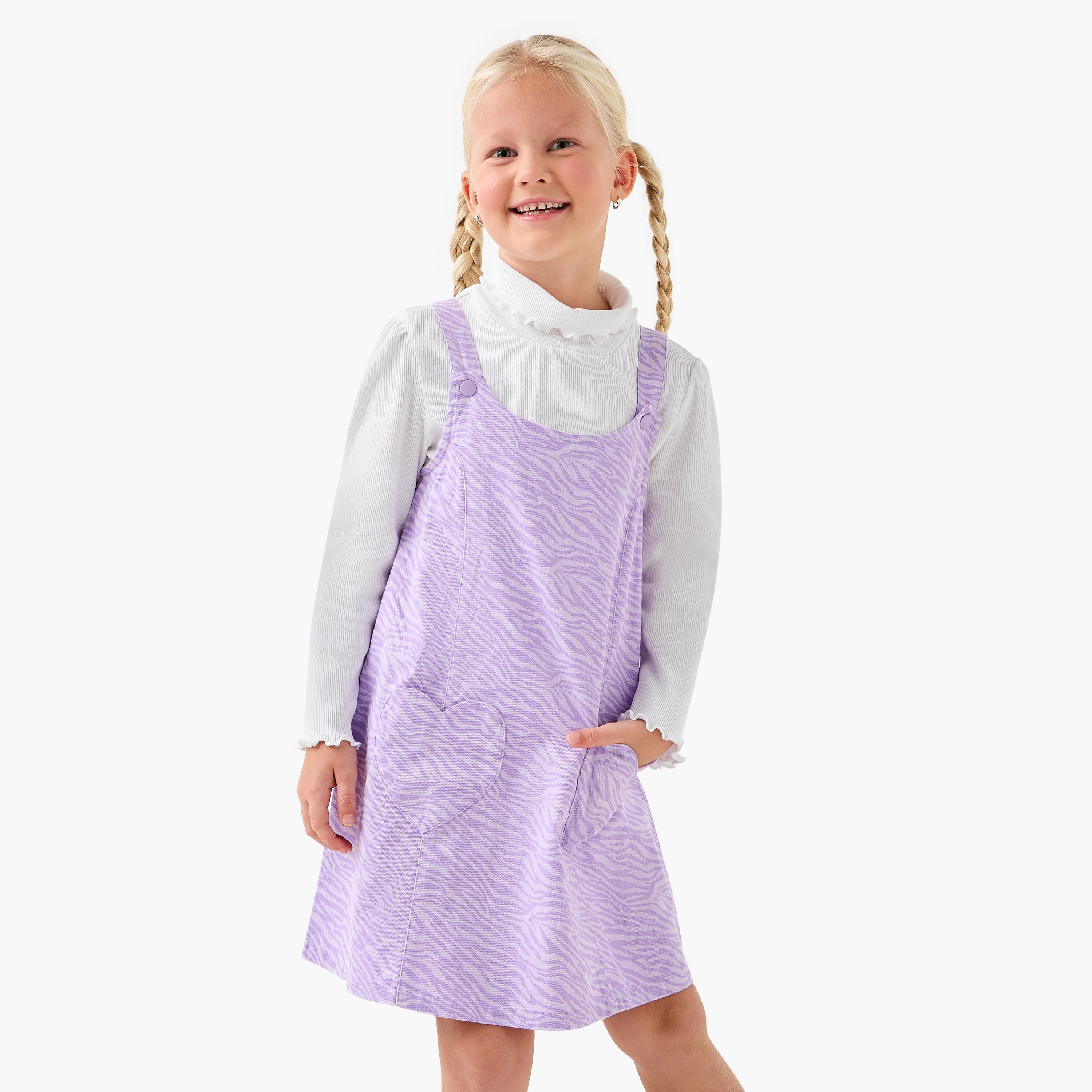 Juniors High Neck Long Sleeves T-shirt and Pinafore Set with Animal Print-girls-clothing-dressesandjumpsuits-image-1