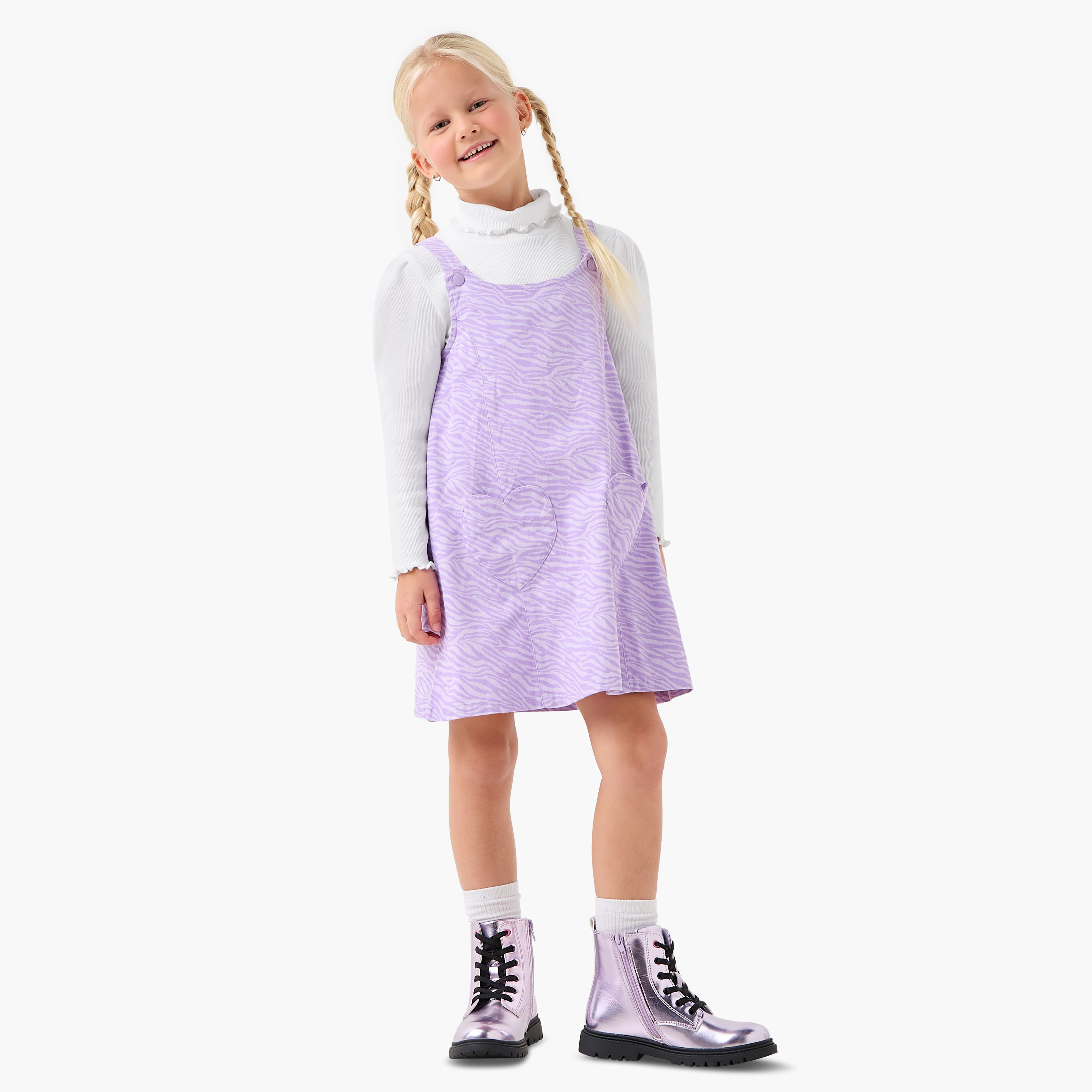 Juniors High Neck Long Sleeves T-shirt and Pinafore Set with Animal Print-girls-clothing-dressesandjumpsuits-image-2