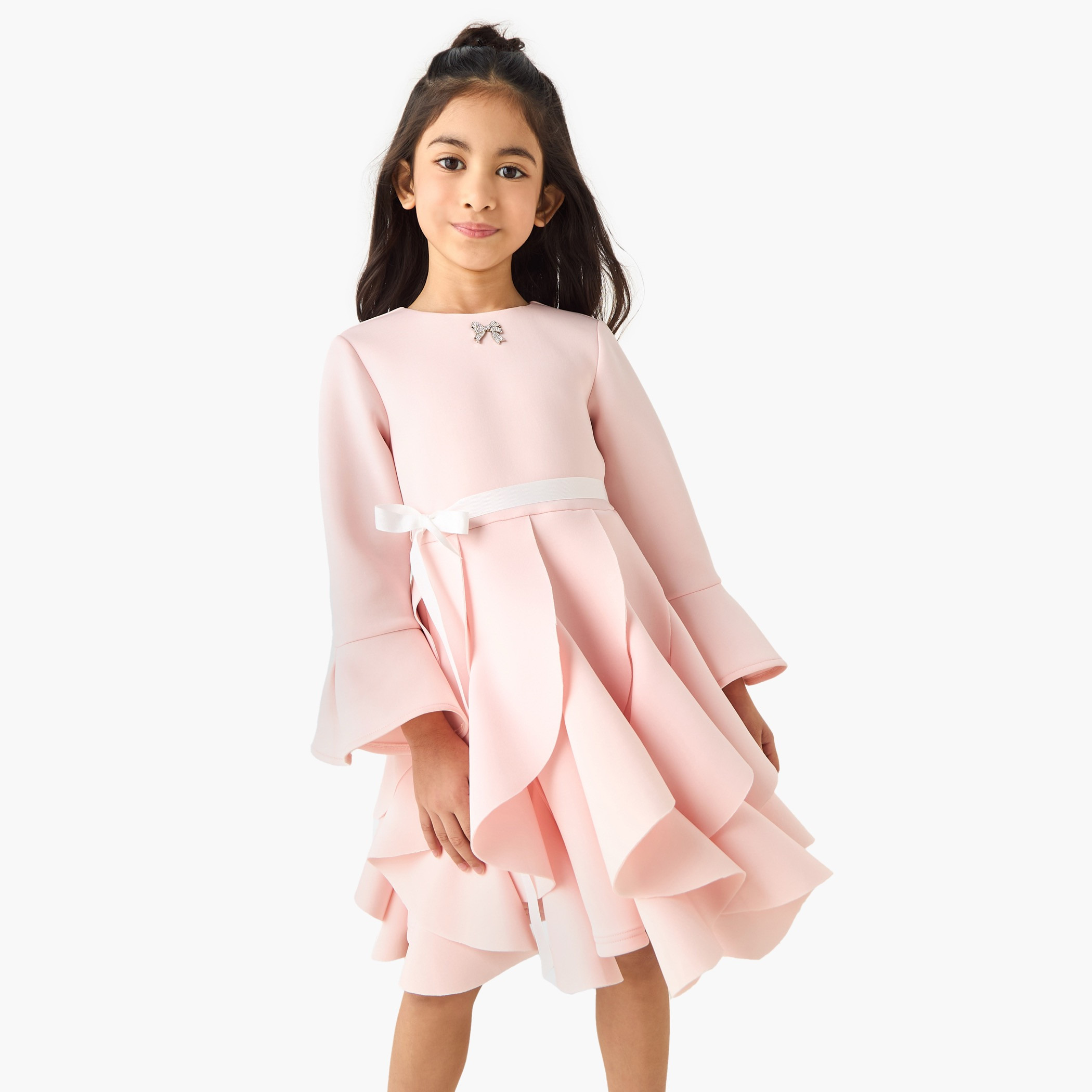 فستان بطول الركبة وياقة مستديرة وأكمام طويلة وكشكش من جونيورز-girls-clothing-dressesandjumpsuits-image-5