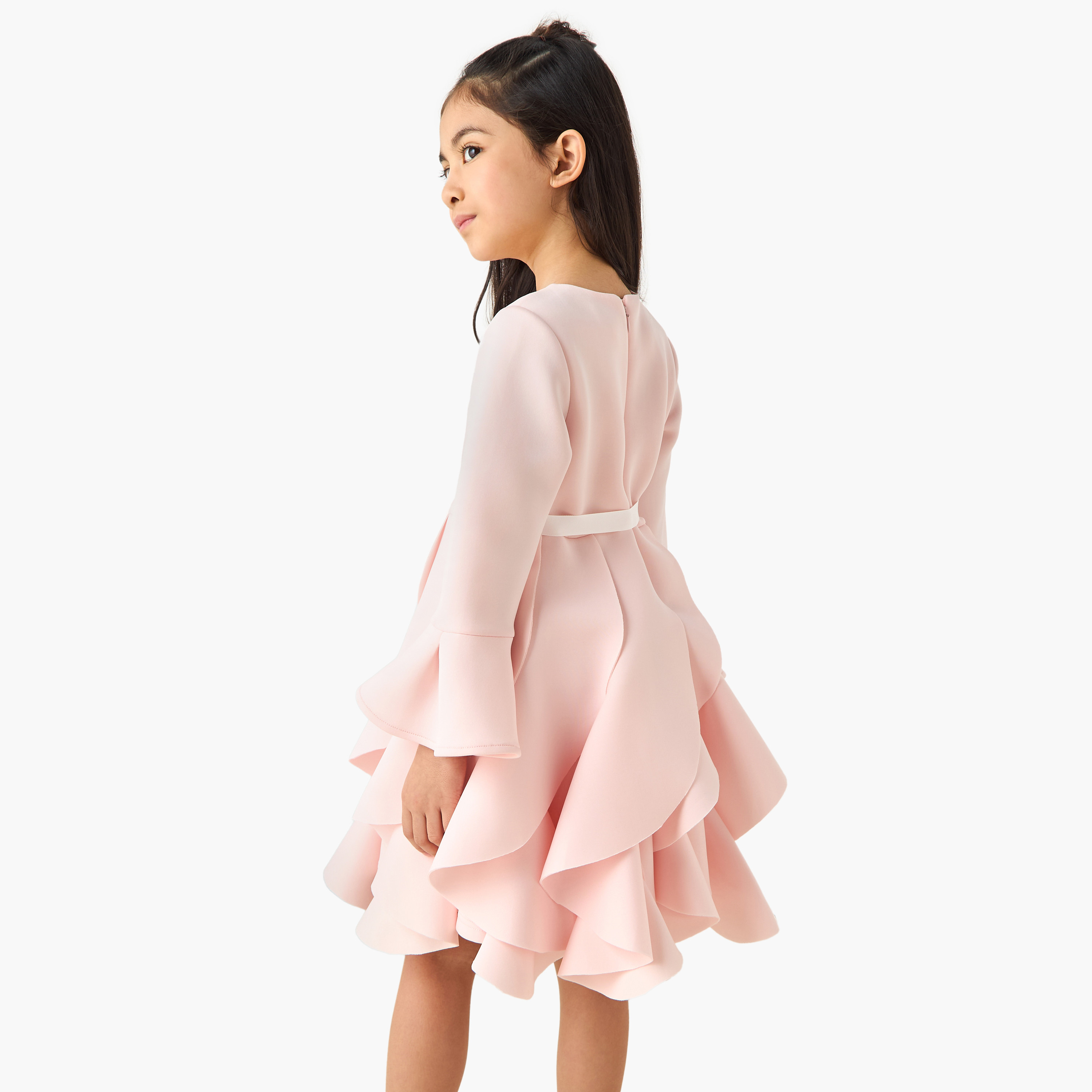 فستان بطول الركبة وياقة مستديرة وأكمام طويلة وكشكش من جونيورز-girls-clothing-dressesandjumpsuits-image-3